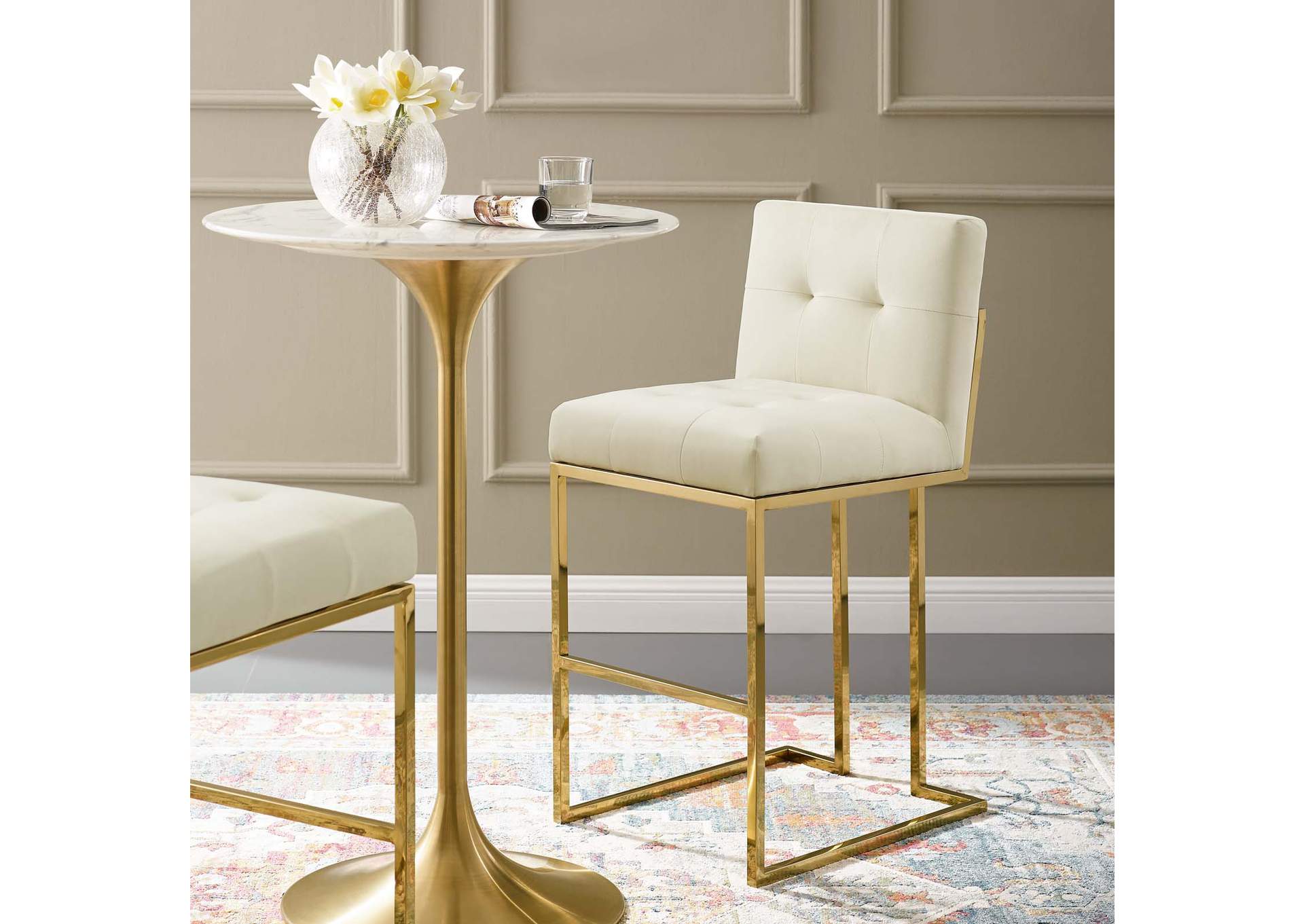 Gold Ivory Privy Gold Stainless Steel Performance Velvet Bar Stool,Modway