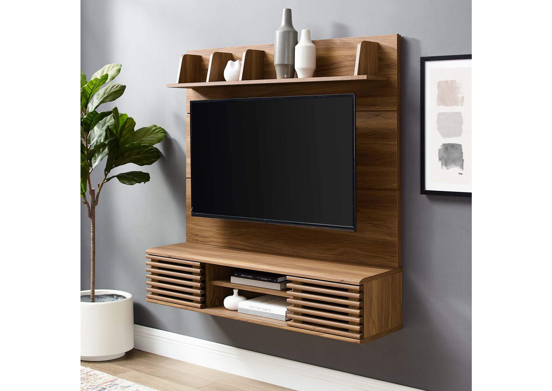 Walnut Render Wall Mounted TV Stand Entertainment Center,Modway