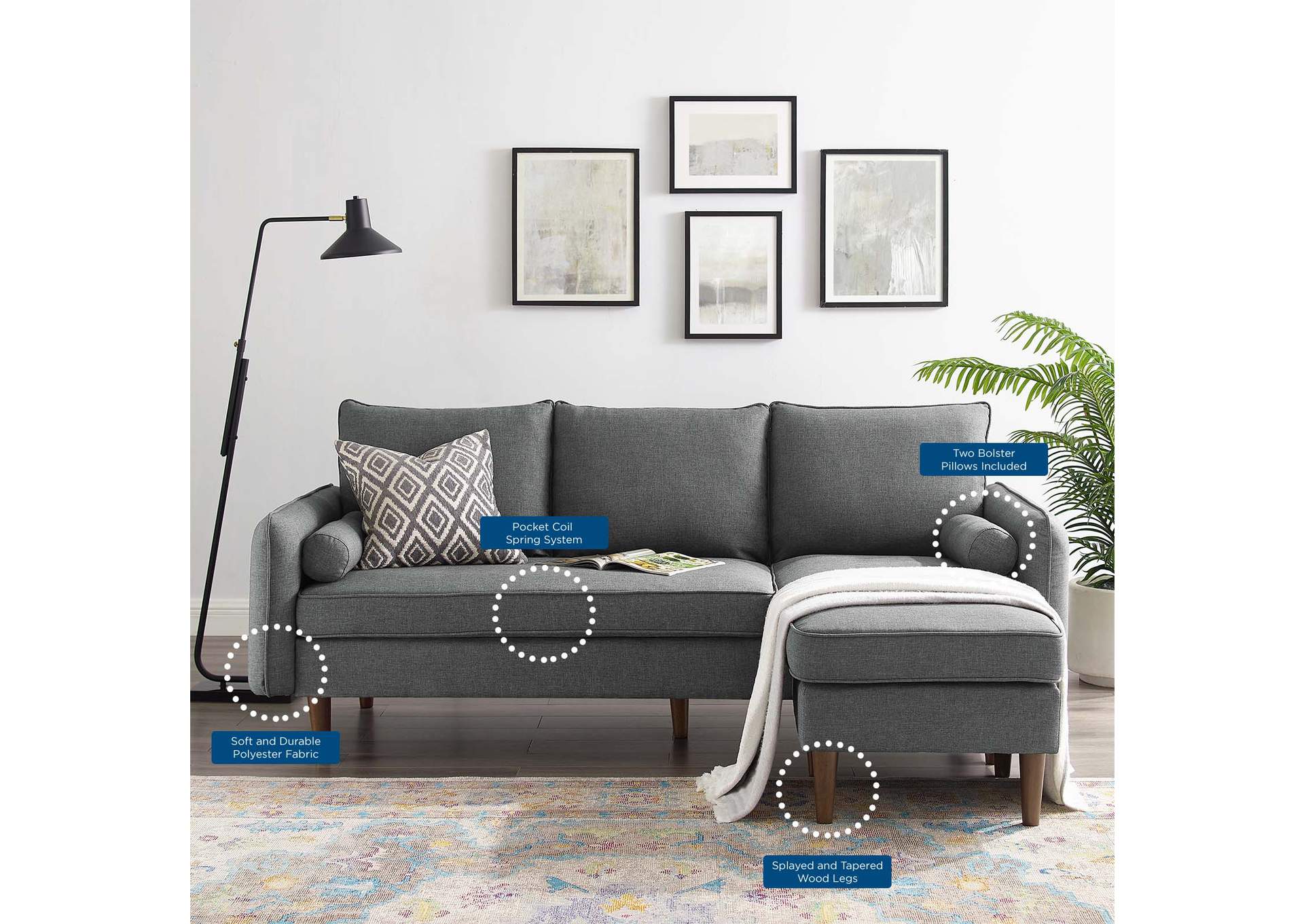 Gray Revive Upholstered Right or Left Sectional Sofa,Modway