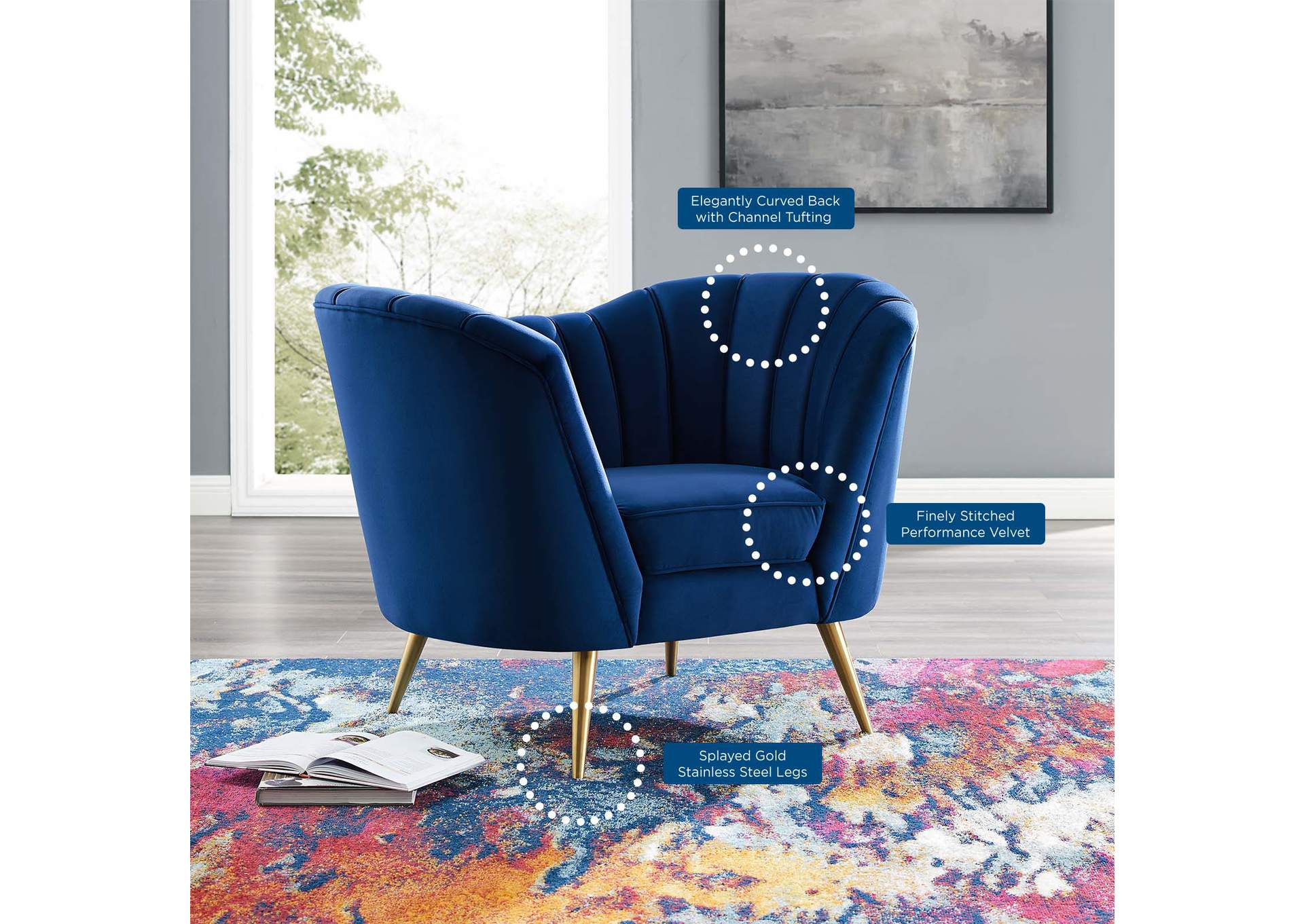 Navy Opportunity Performance Velvet Arm Chair,Modway