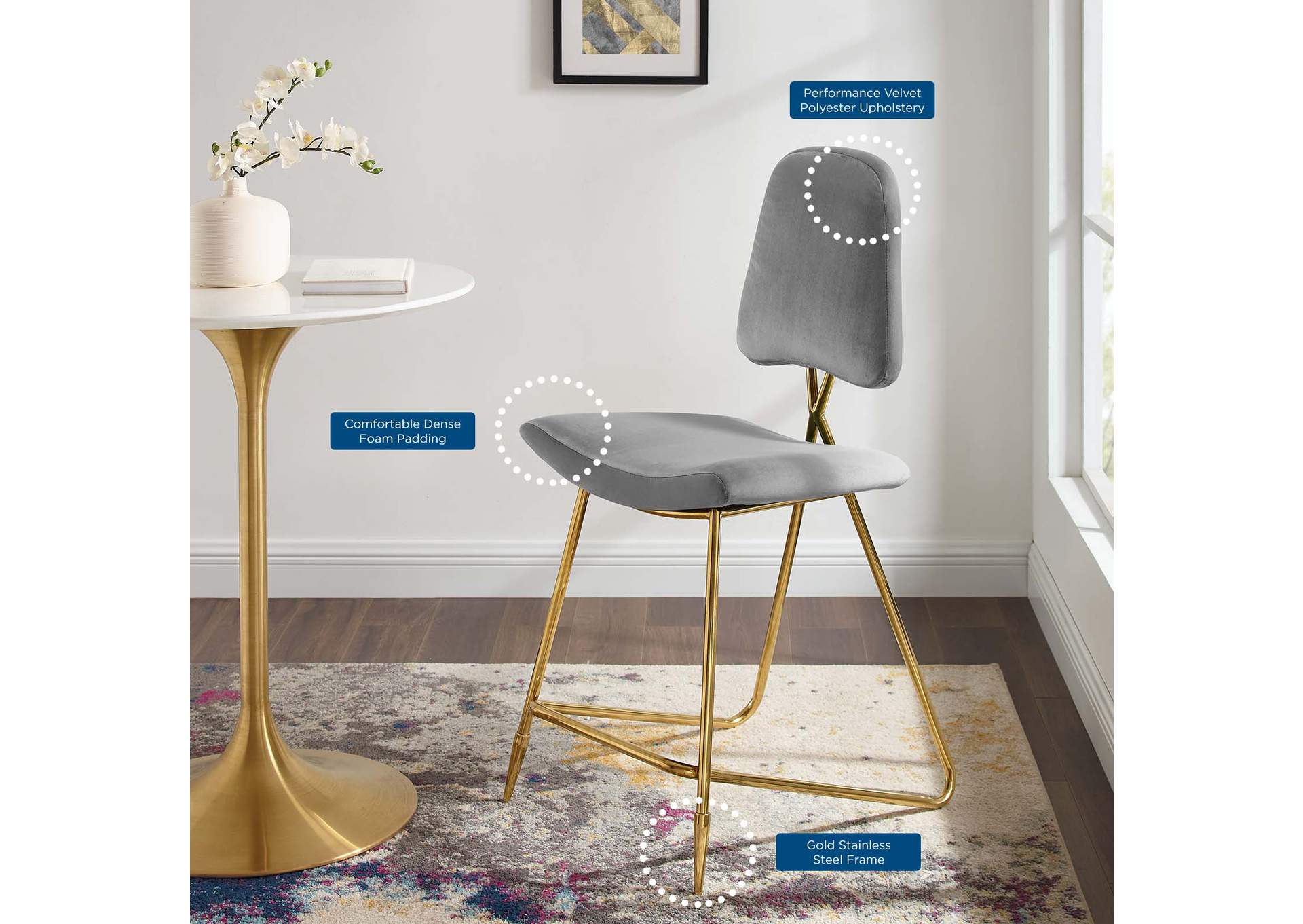 Gray Ponder Performance Velvet Counter Stool,Modway