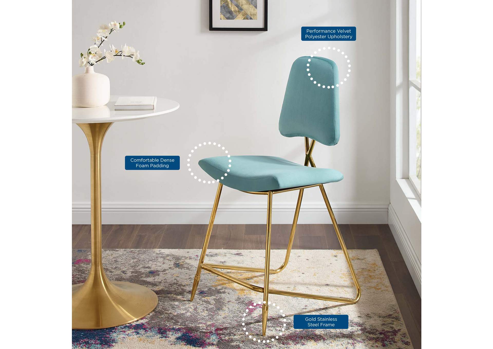 Sea Blue Ponder Performance Velvet Counter Stool,Modway