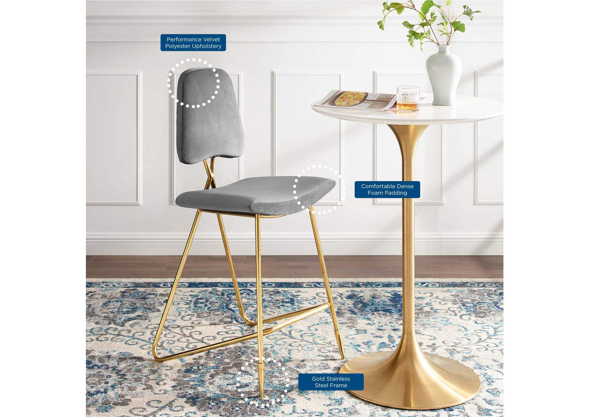 Gray Ponder Performance Velvet Bar Stool,Modway