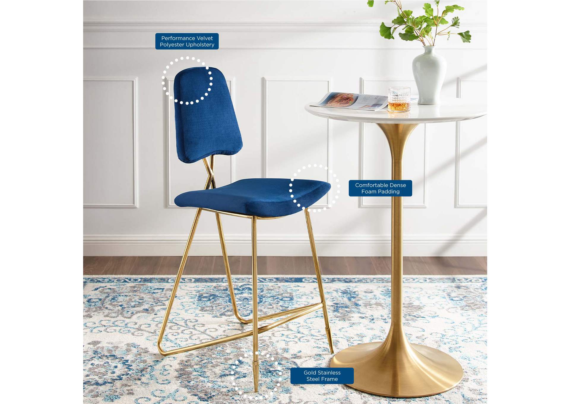 Navy Ponder Performance Velvet Bar Stool,Modway