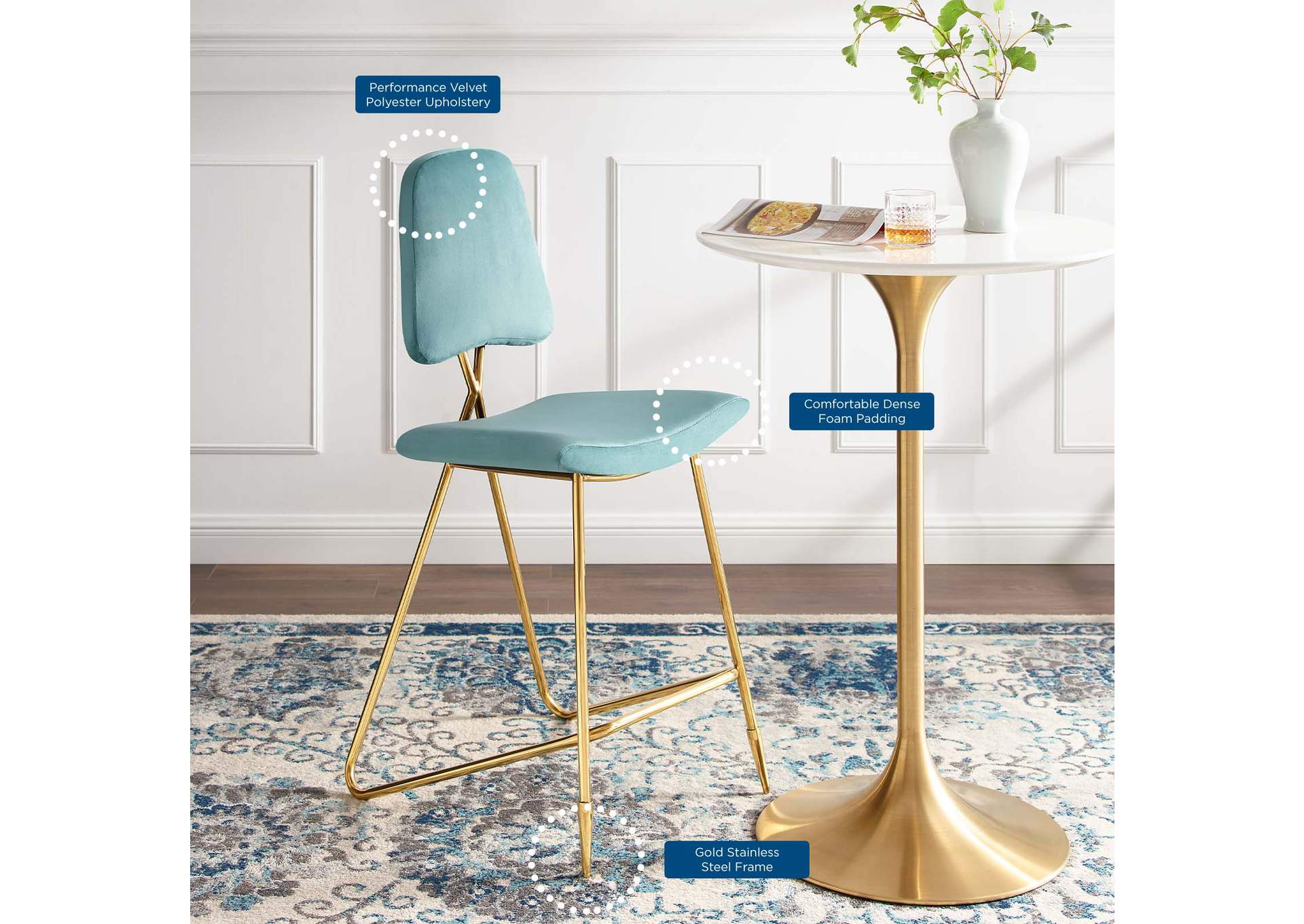 Sea Blue Ponder Performance Velvet Bar Stool,Modway