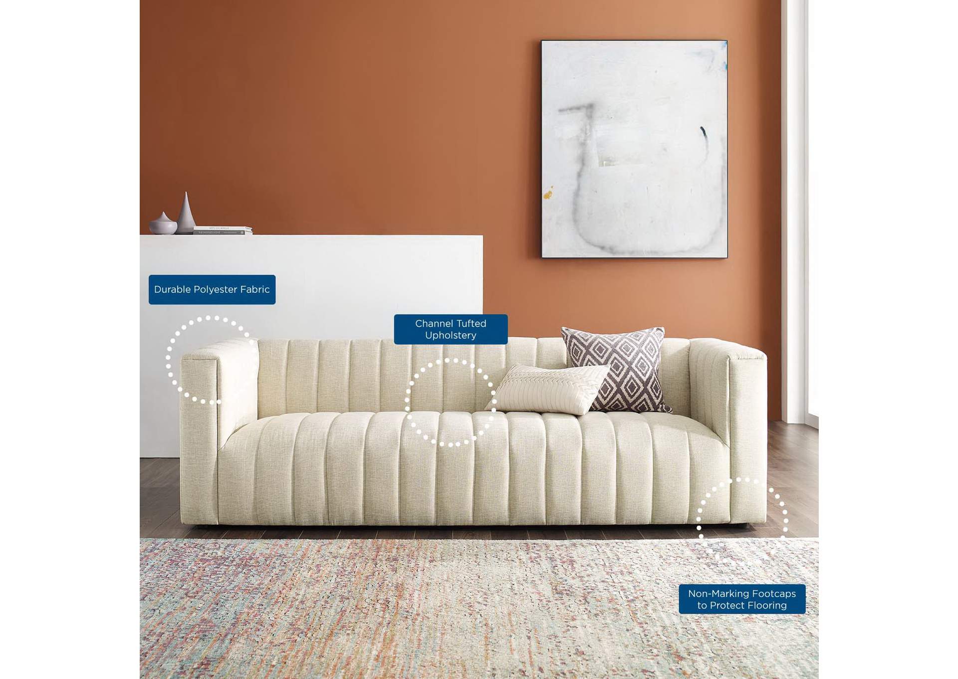 Beige Reflection Channel Tufted Upholstered Fabric Sofa,Modway