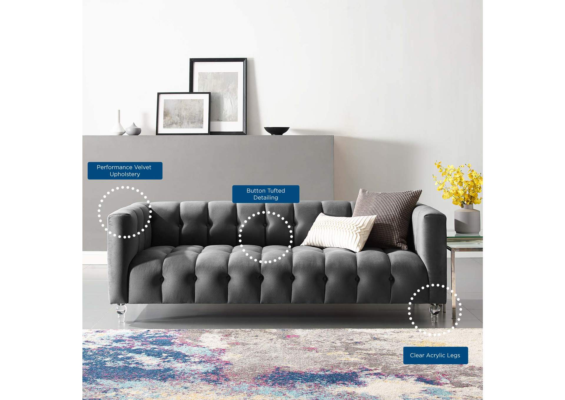 Charcoal Mesmer Channel Tufted Button Performance Velvet Sofa,Modway