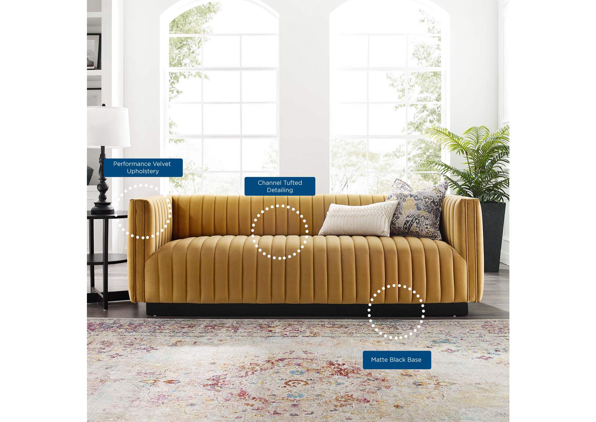 Cognac Conjure Channel Tufted Velvet Sofa,Modway