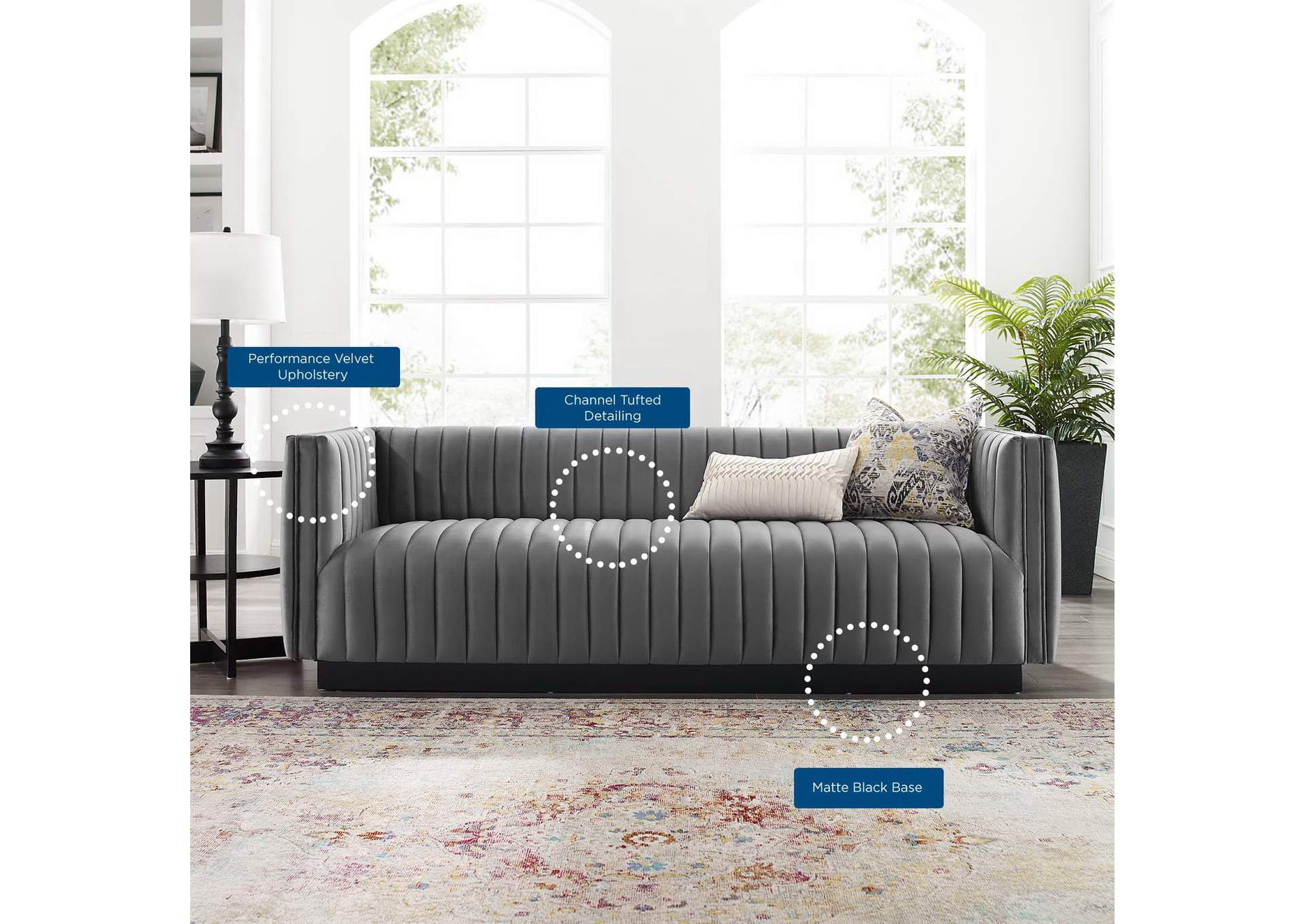 Gray Conjure Channel Tufted Velvet Sofa,Modway