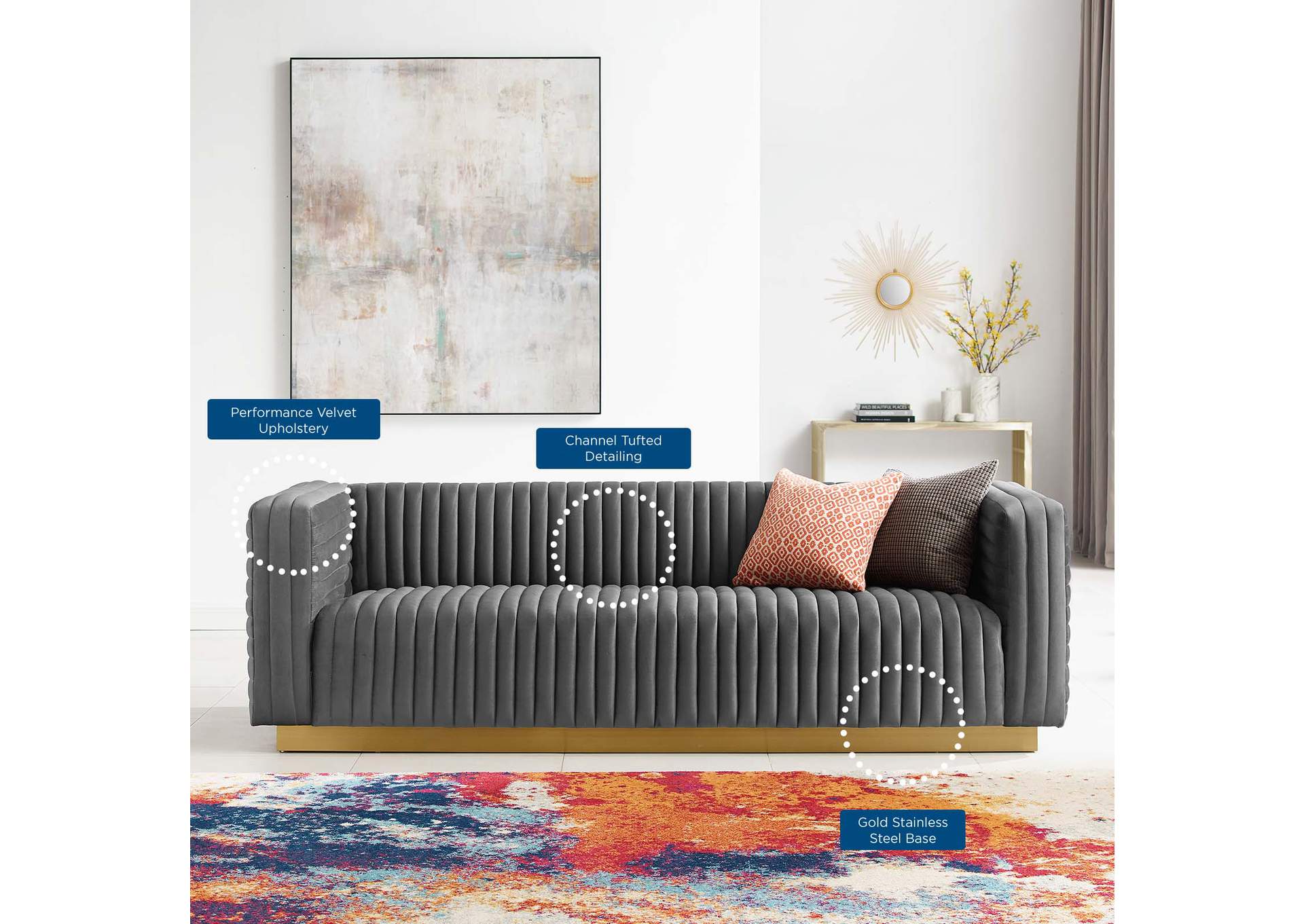Charcoal Charisma Channel Tufted Performance Velvet Living Room Sofa,Modway