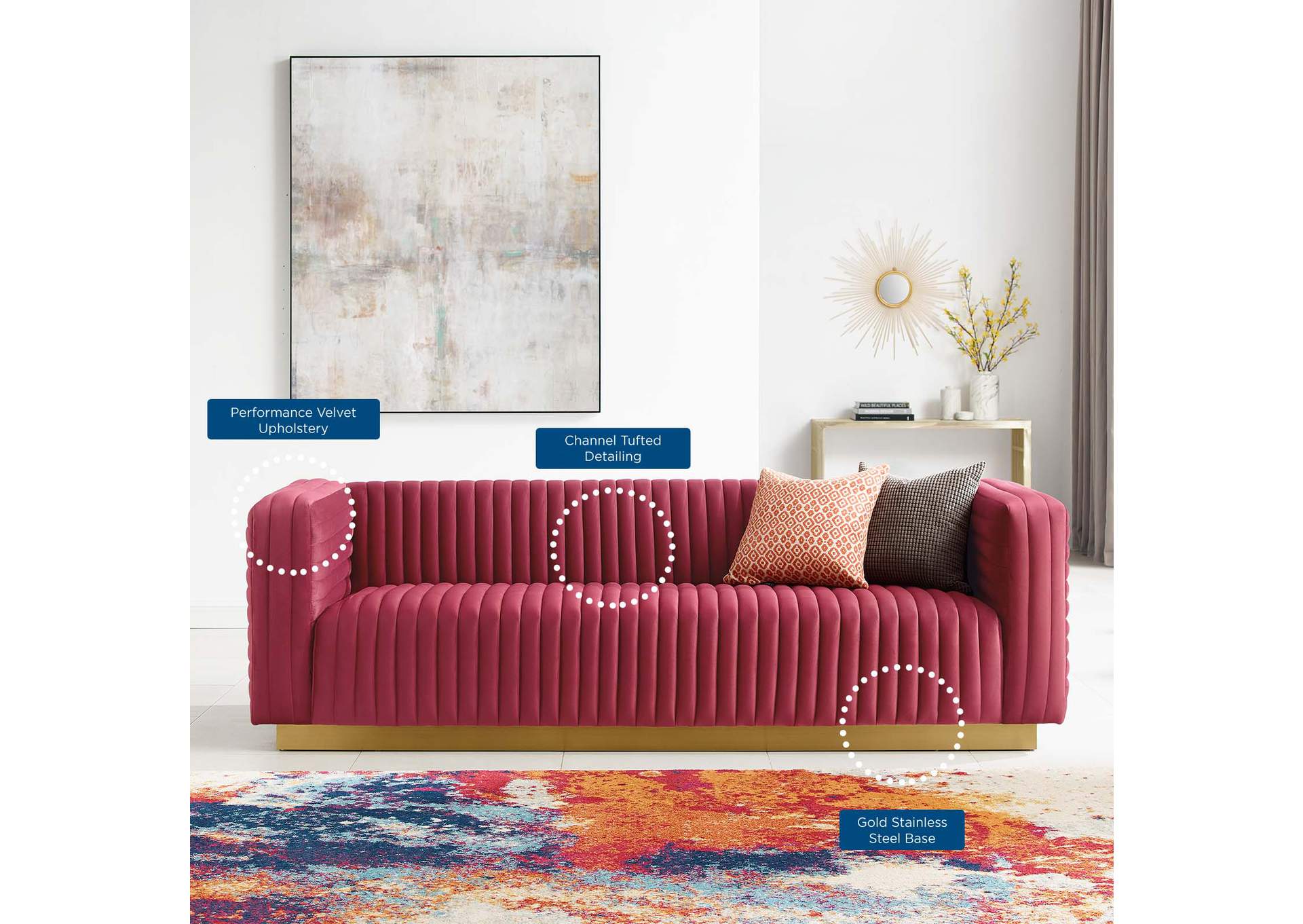 Maroon Charisma Channel Tufted Performance Velvet Living Room Sofa,Modway