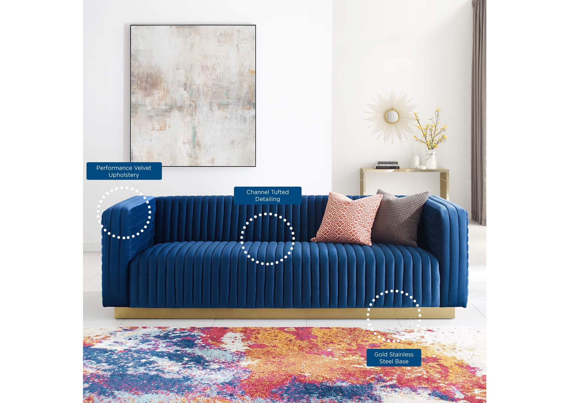 Navy Charisma Channel Tufted Performance Velvet Living Room Sofa,Modway