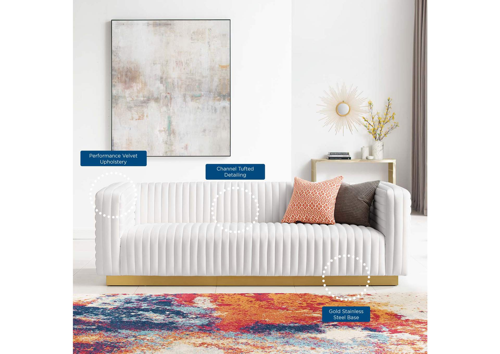 White Charisma Channel Tufted Performance Velvet Living Room Sofa,Modway