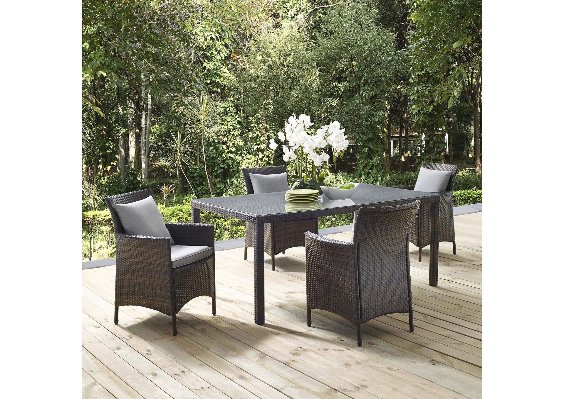 Brown Gray Conduit 5 Piece Outdoor Patio Wicker Rattan Set,Modway