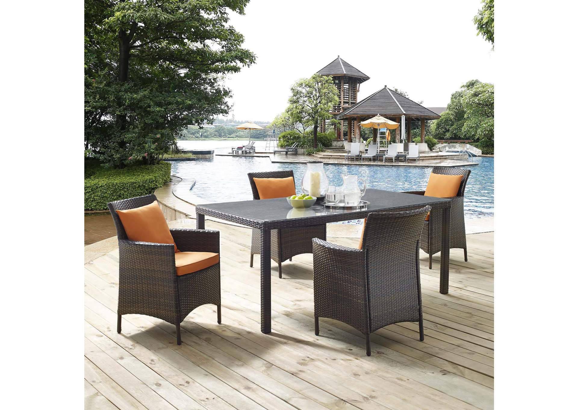 Brown Orange Conduit 5 Piece Outdoor Patio Wicker Rattan Set,Modway