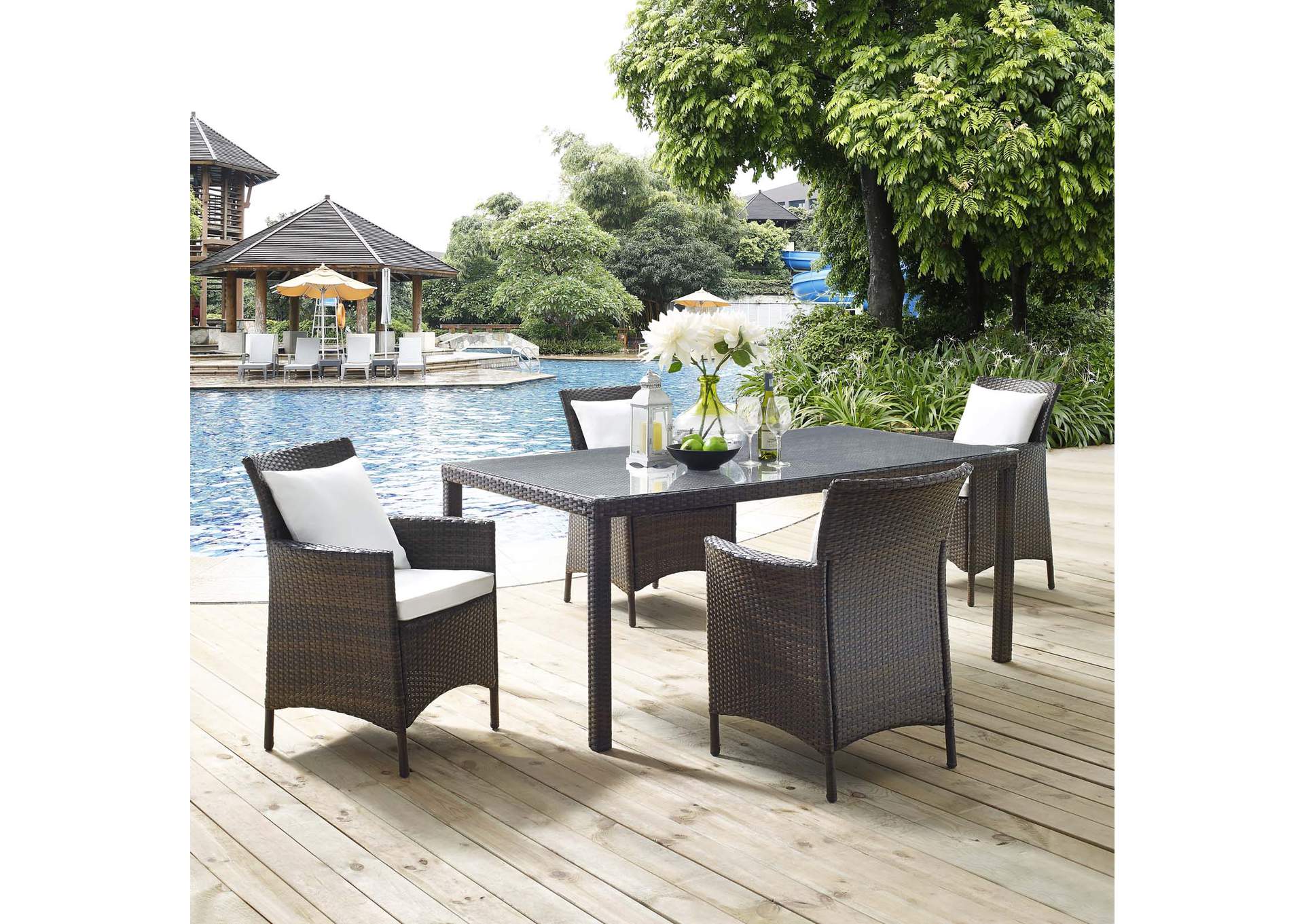 Brown White Conduit 5 Piece Outdoor Patio Wicker Rattan Set,Modway