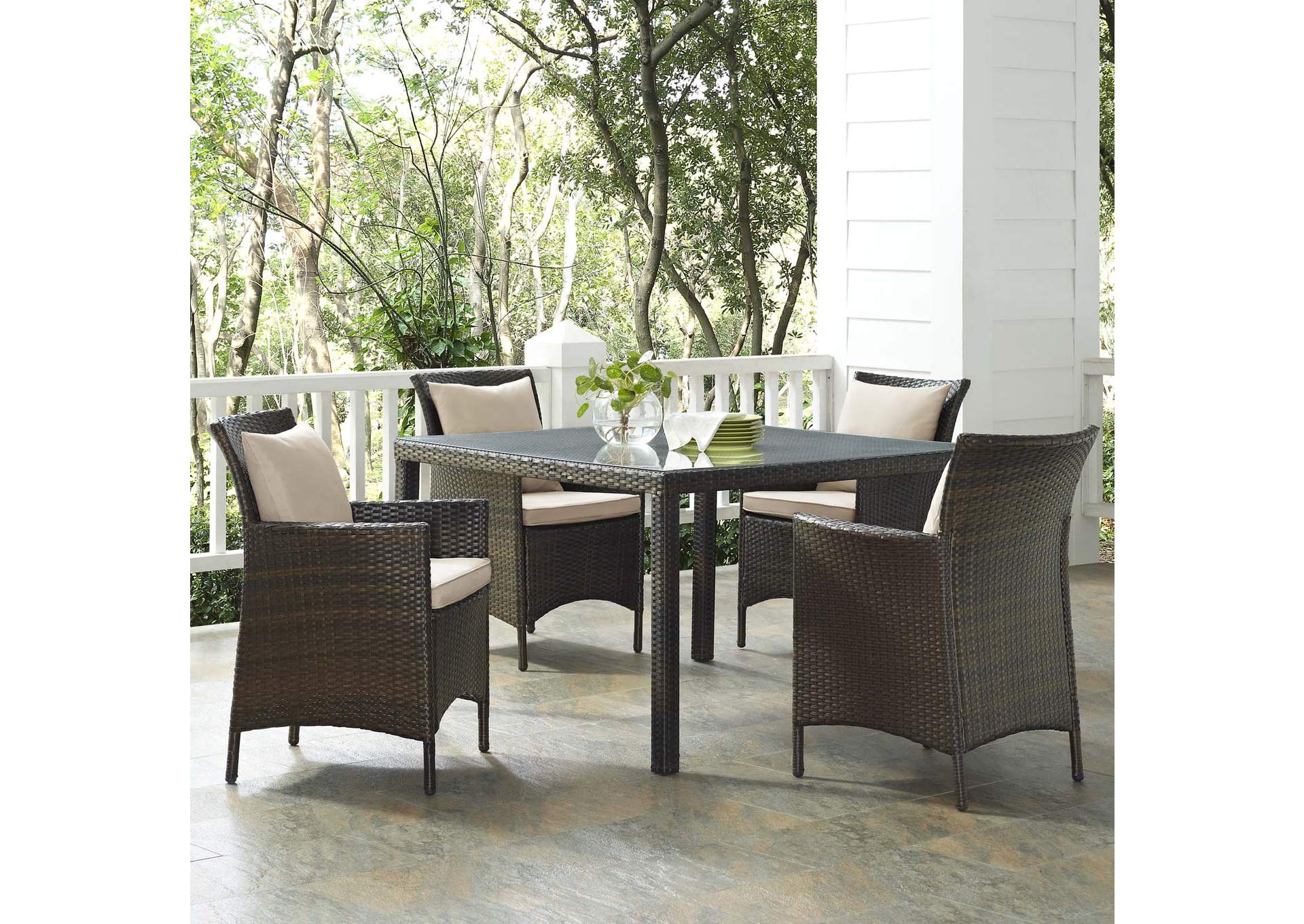 Brown Beige Conduit 5 Piece Outdoor Patio Wicker Rattan Set,Modway