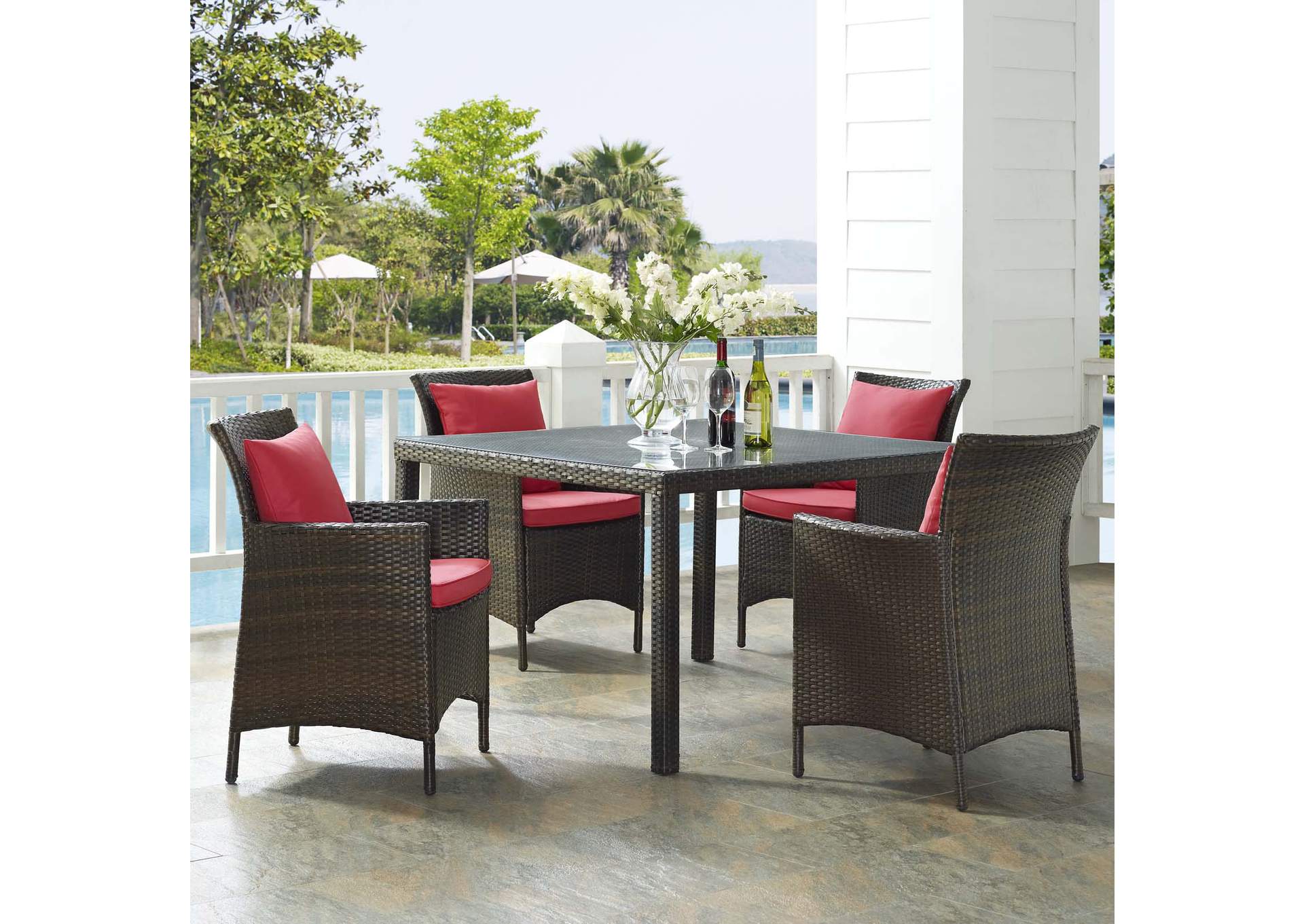 Brown Red Conduit 5 Piece Outdoor Patio Wicker Rattan Set,Modway