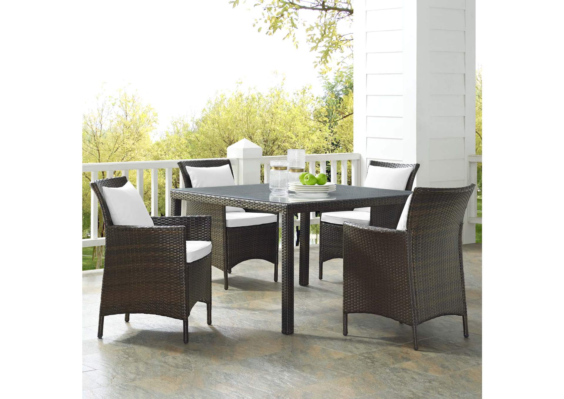 Brown White Conduit 5 Piece Outdoor Patio Wicker Rattan Set,Modway