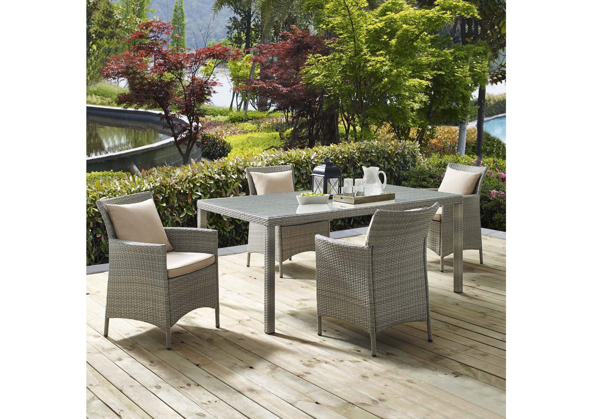 Light Gray Beige Conduit 5 Piece Outdoor Patio Wicker Rattan Dining Set,Modway