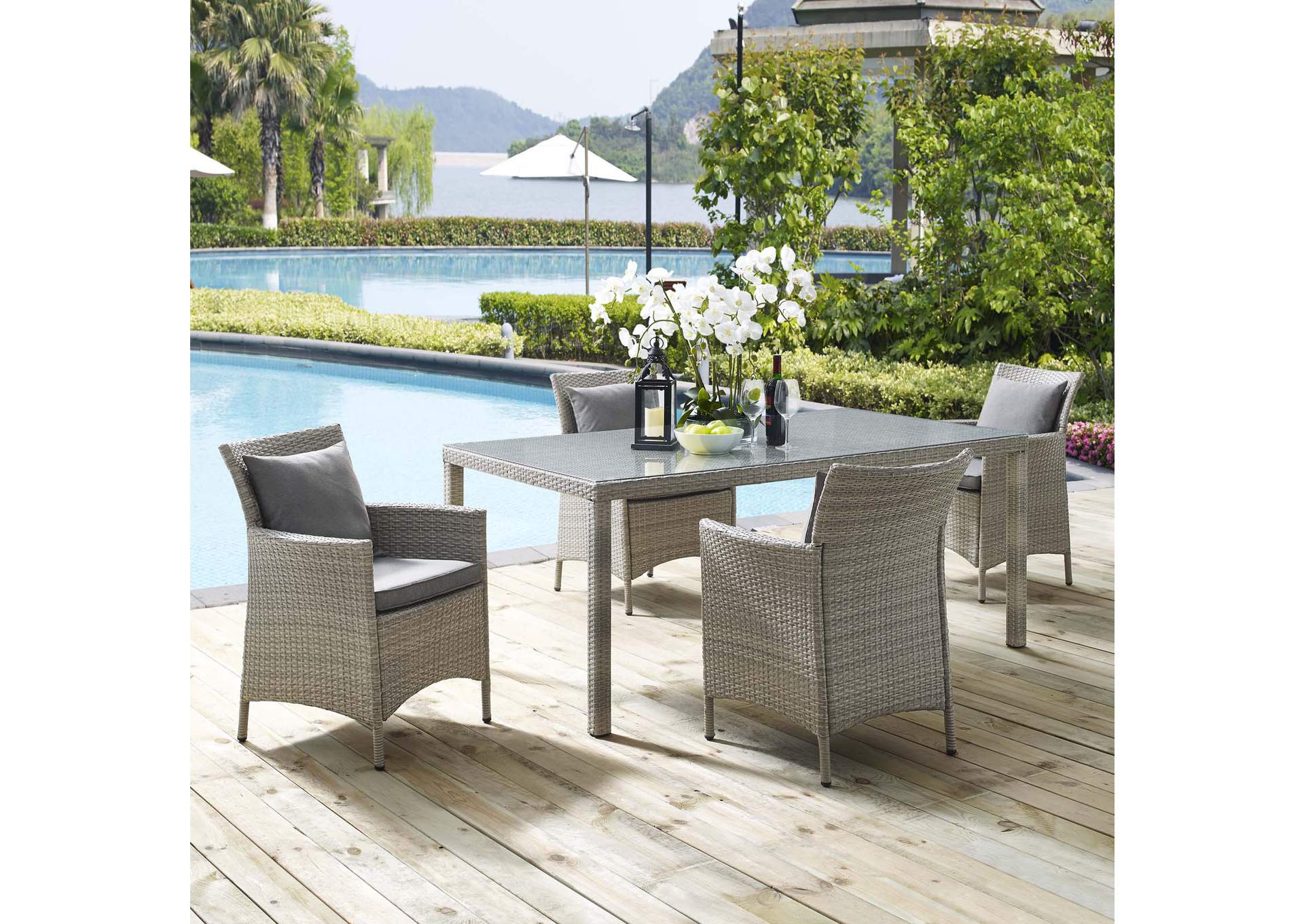 Light Gray Gray Conduit 5 Piece Outdoor Patio Wicker Rattan Dining Set,Modway