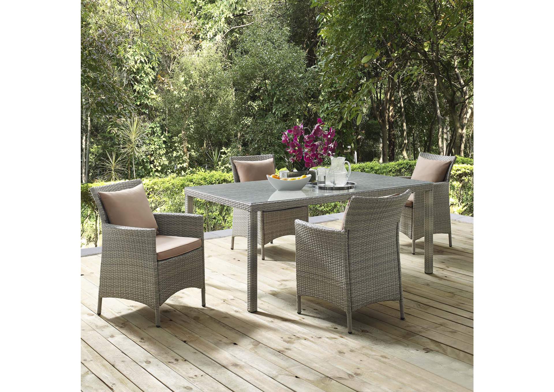 Light Gray Mocha Conduit 5 Piece Outdoor Patio Wicker Rattan Dining Set,Modway