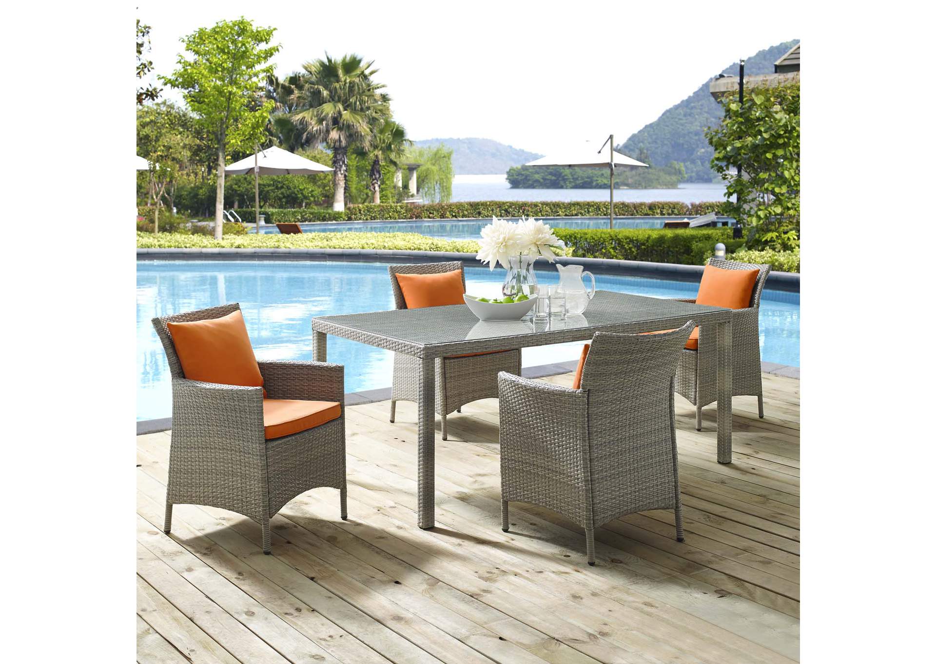 Light Gray Orange Conduit 5 Piece Outdoor Patio Wicker Rattan Dining Set,Modway