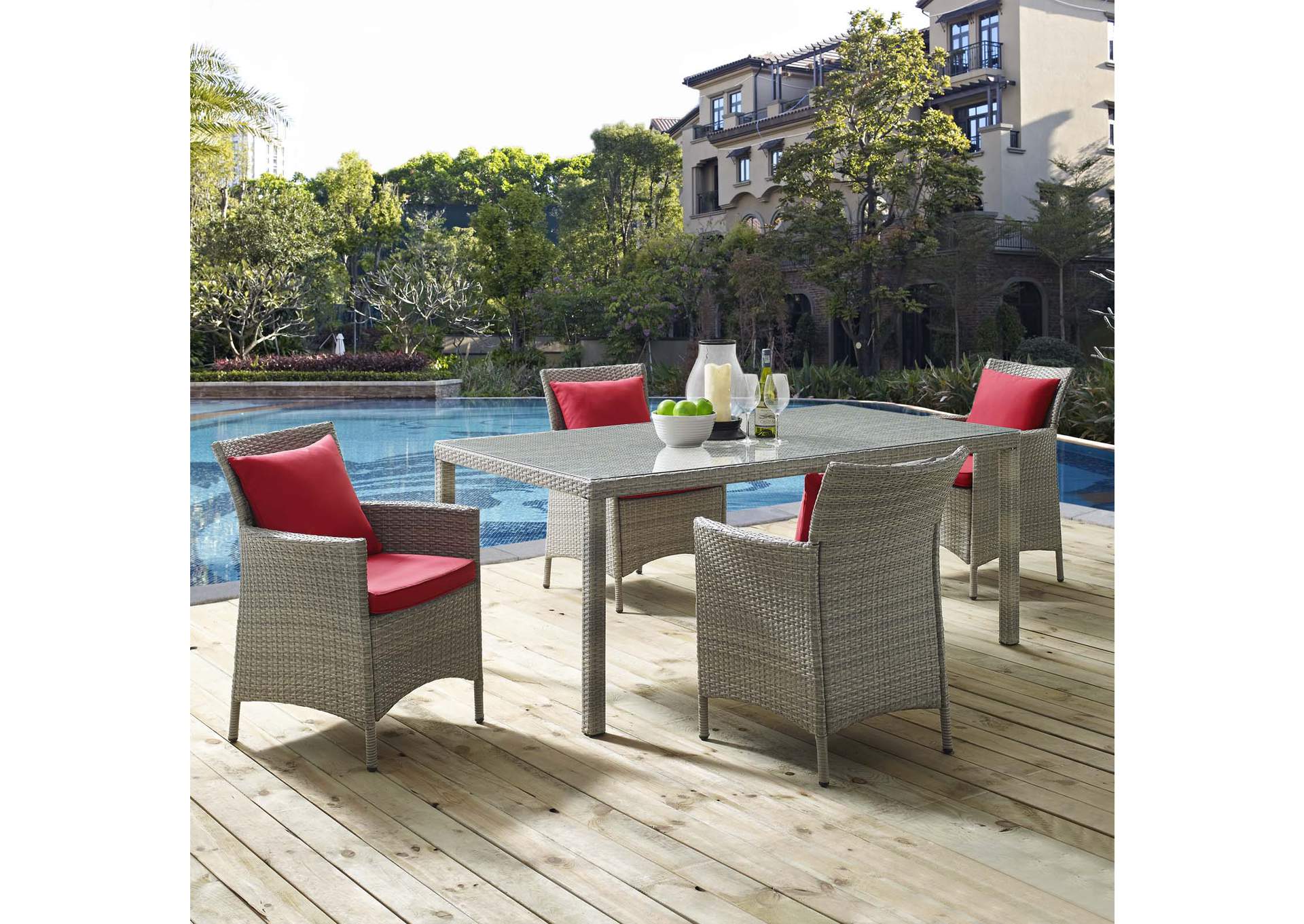 Light Gray Red Conduit 5 Piece Outdoor Patio Wicker Rattan Dining Set,Modway