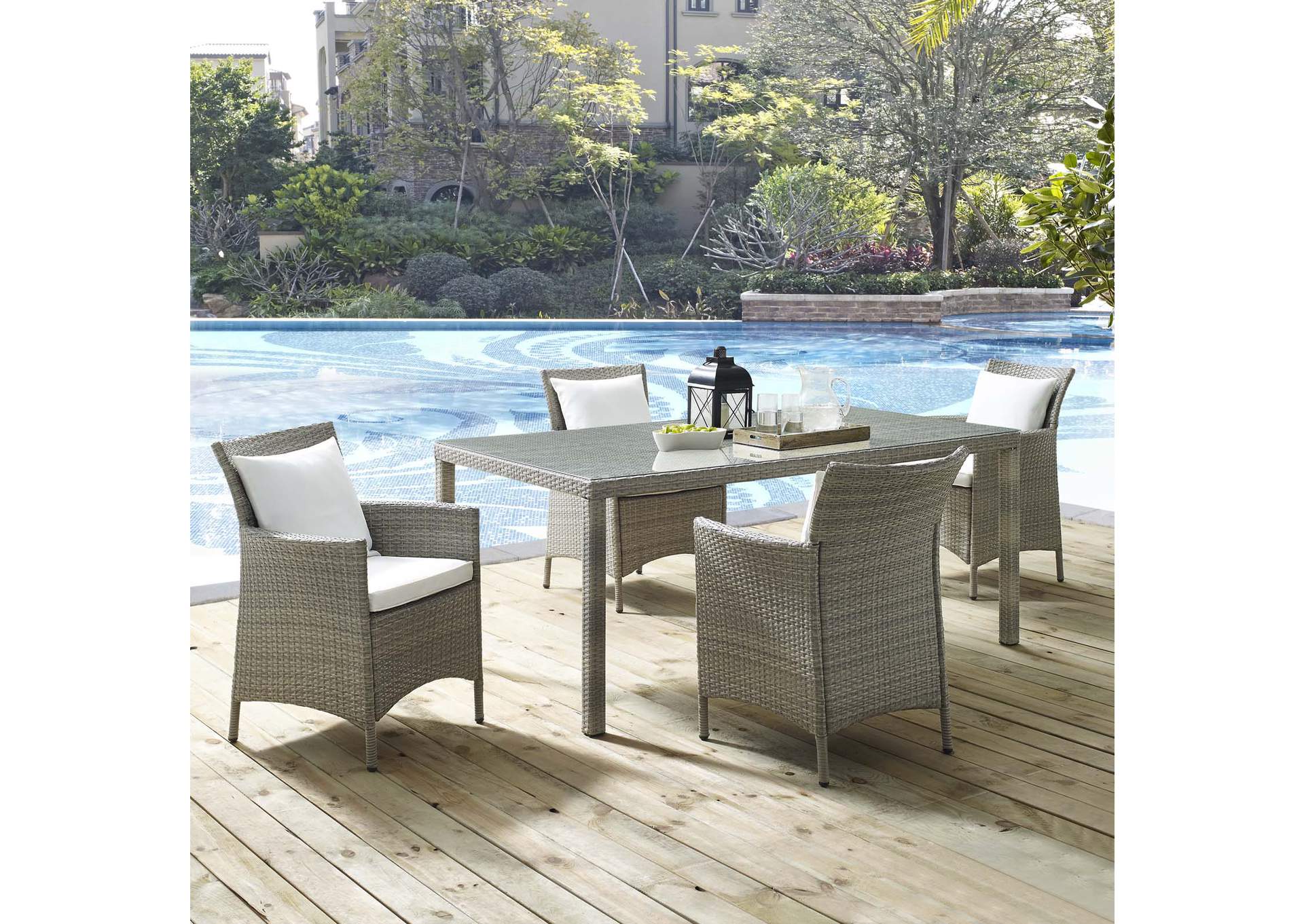 Light Gray White Conduit 5 Piece Outdoor Patio Wicker Rattan Dining Set,Modway