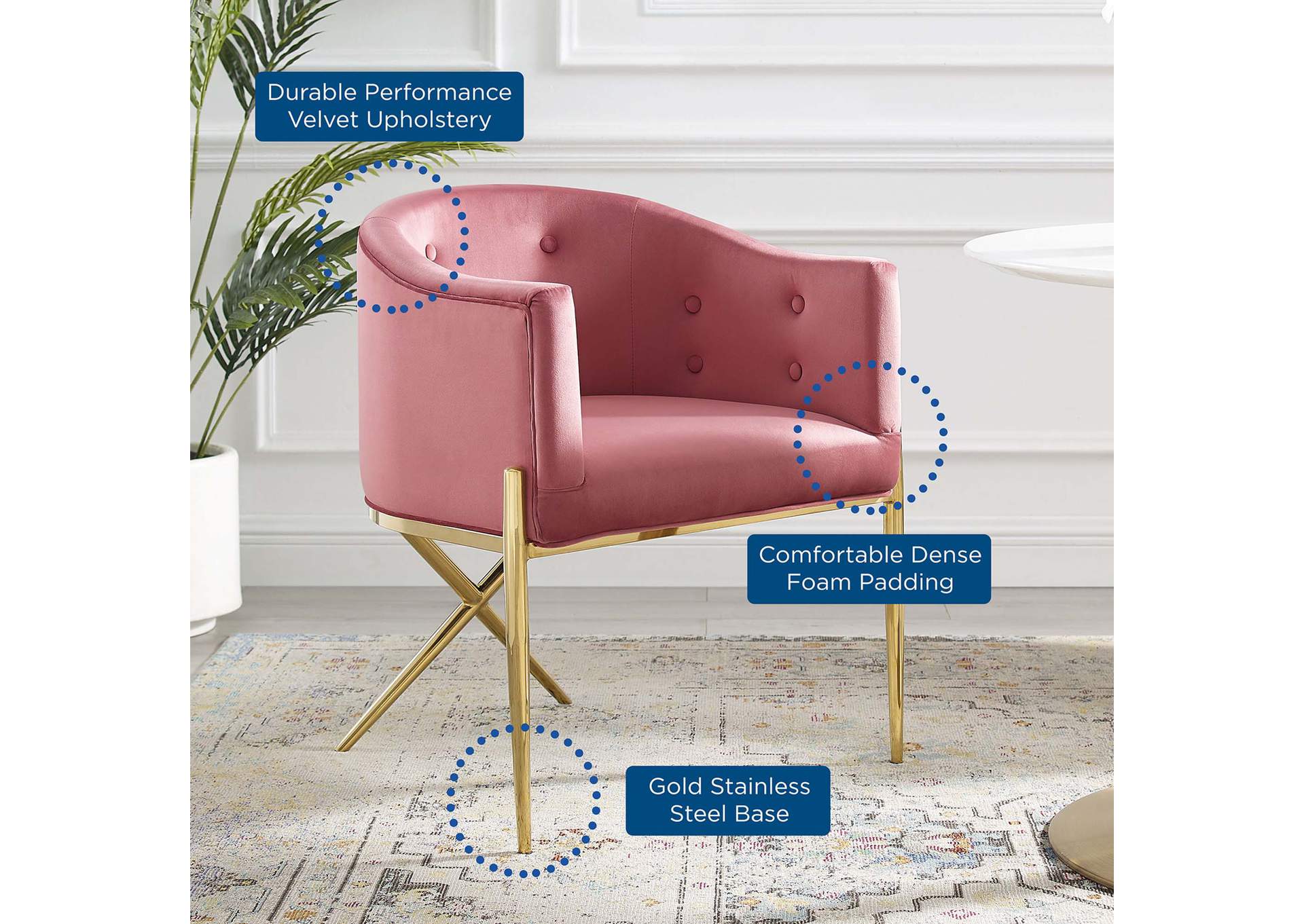 Dusty Rose Savour Tufted Performance Velvet Accent Arm Dining Chair,Modway