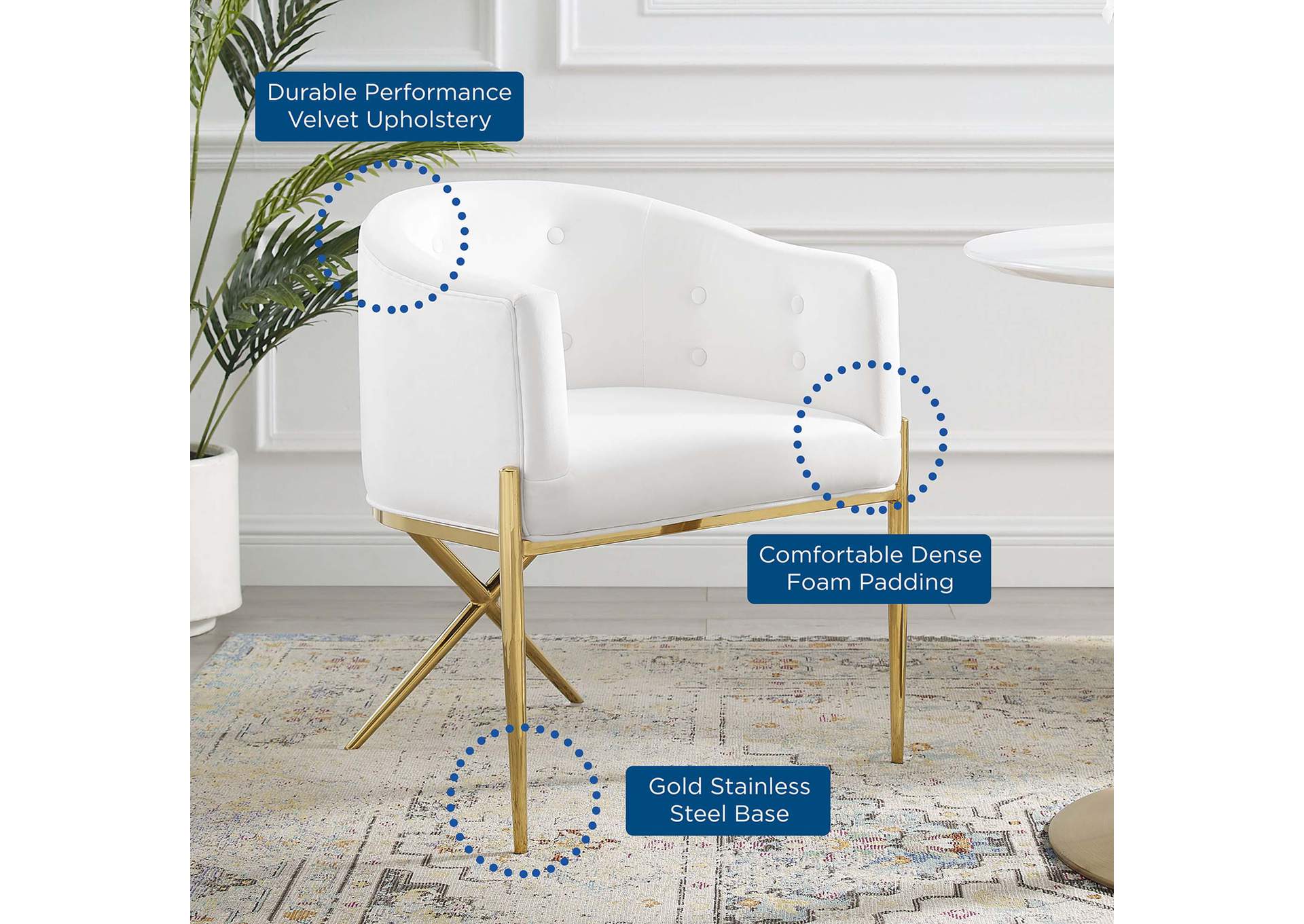 White Savour Tufted Performance Velvet Accent Arm Dining Chair,Modway