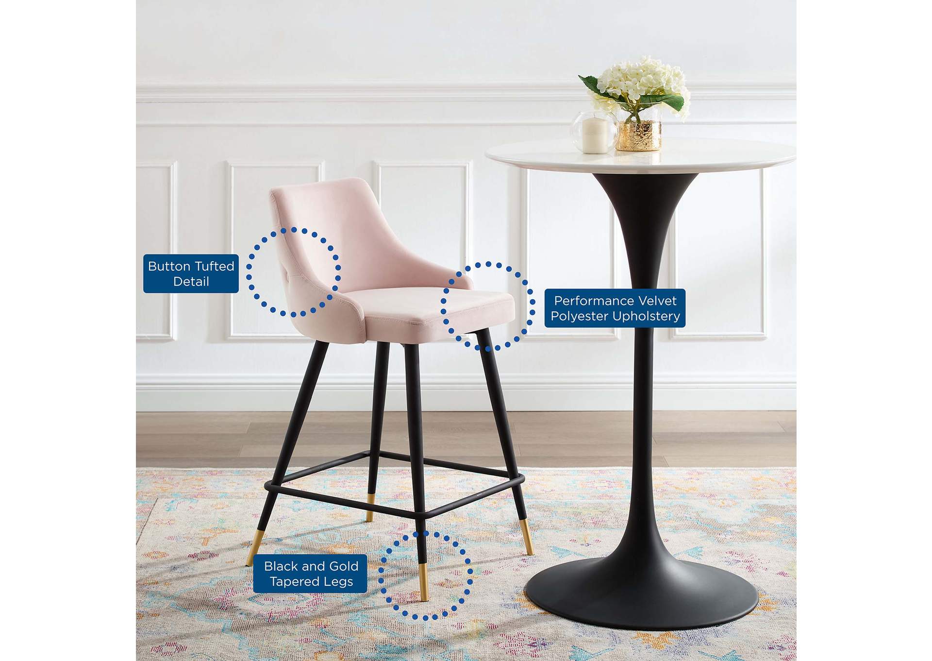Pink Adorn Performance Velvet Counter Stool,Modway