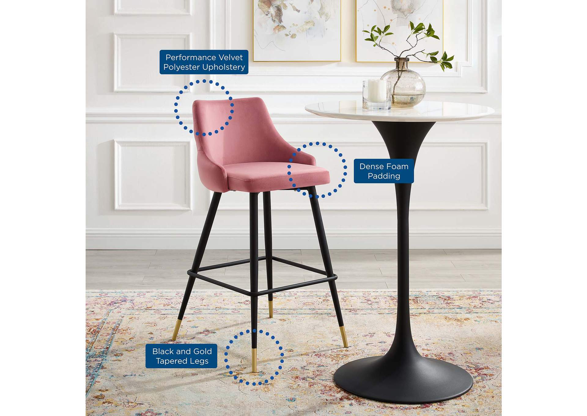 Dusty Rose Adorn Performance Velvet Bar Stool,Modway