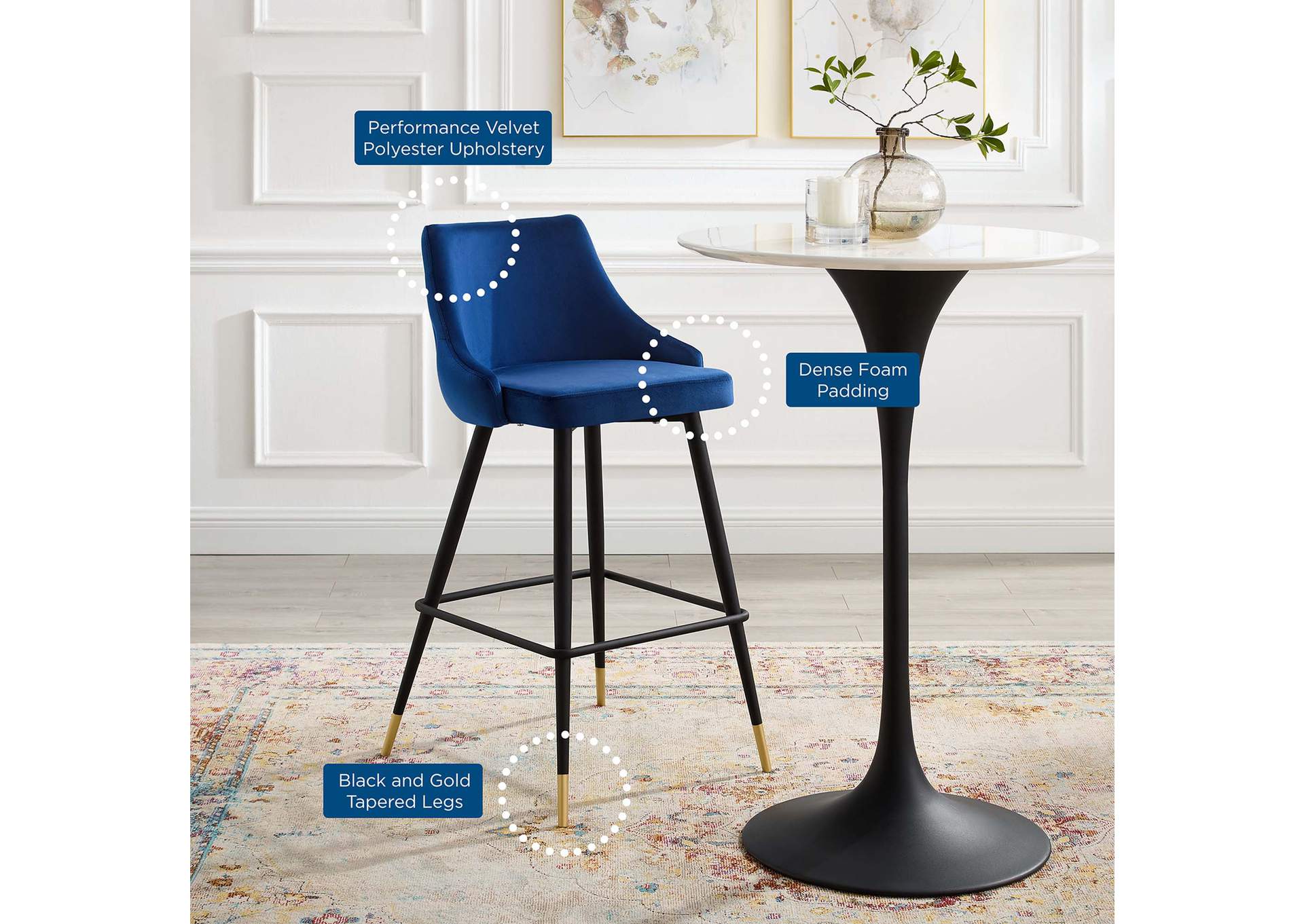 Navy Adorn Performance Velvet Bar Stool,Modway