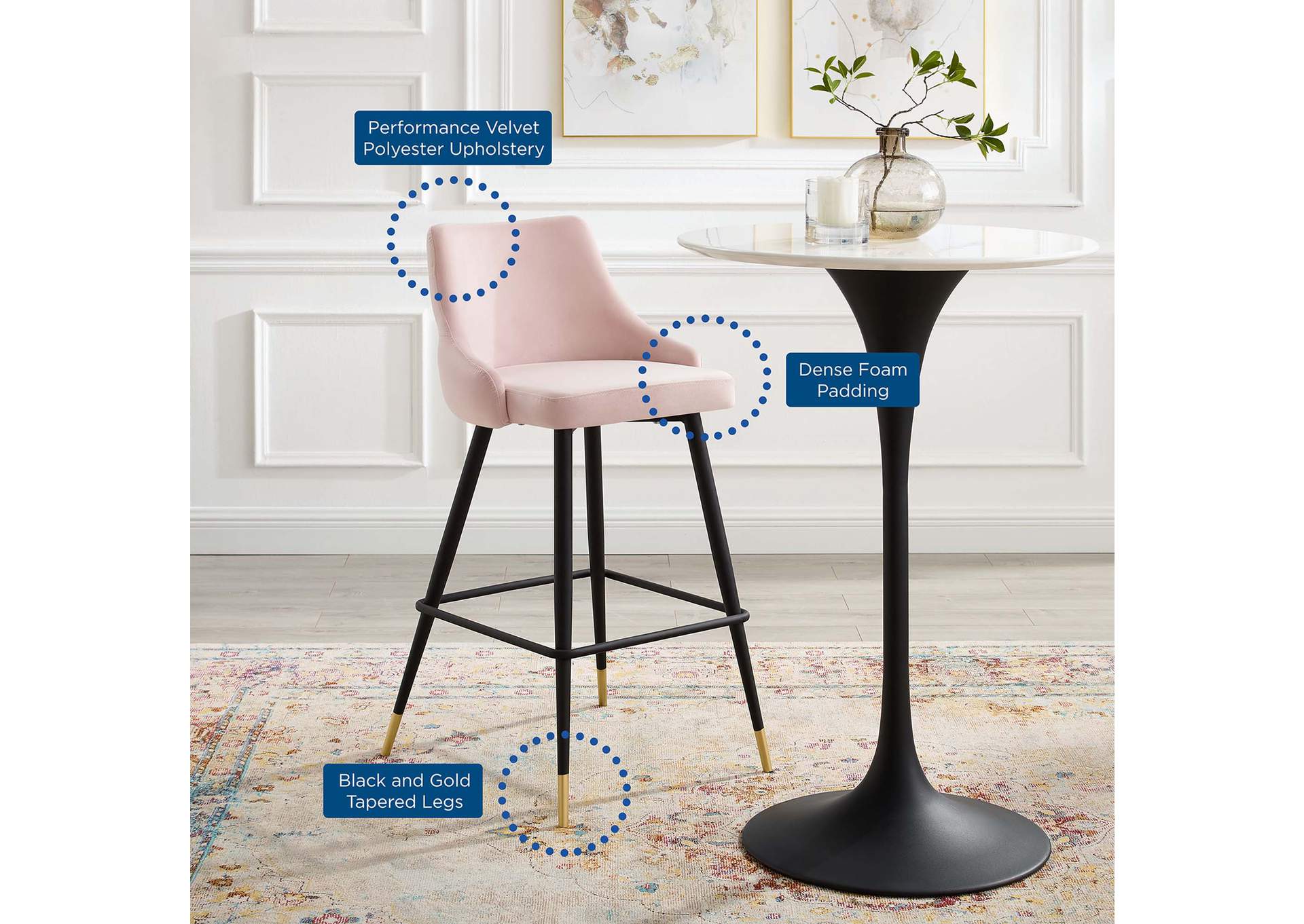Pink Adorn Performance Velvet Bar Stool,Modway