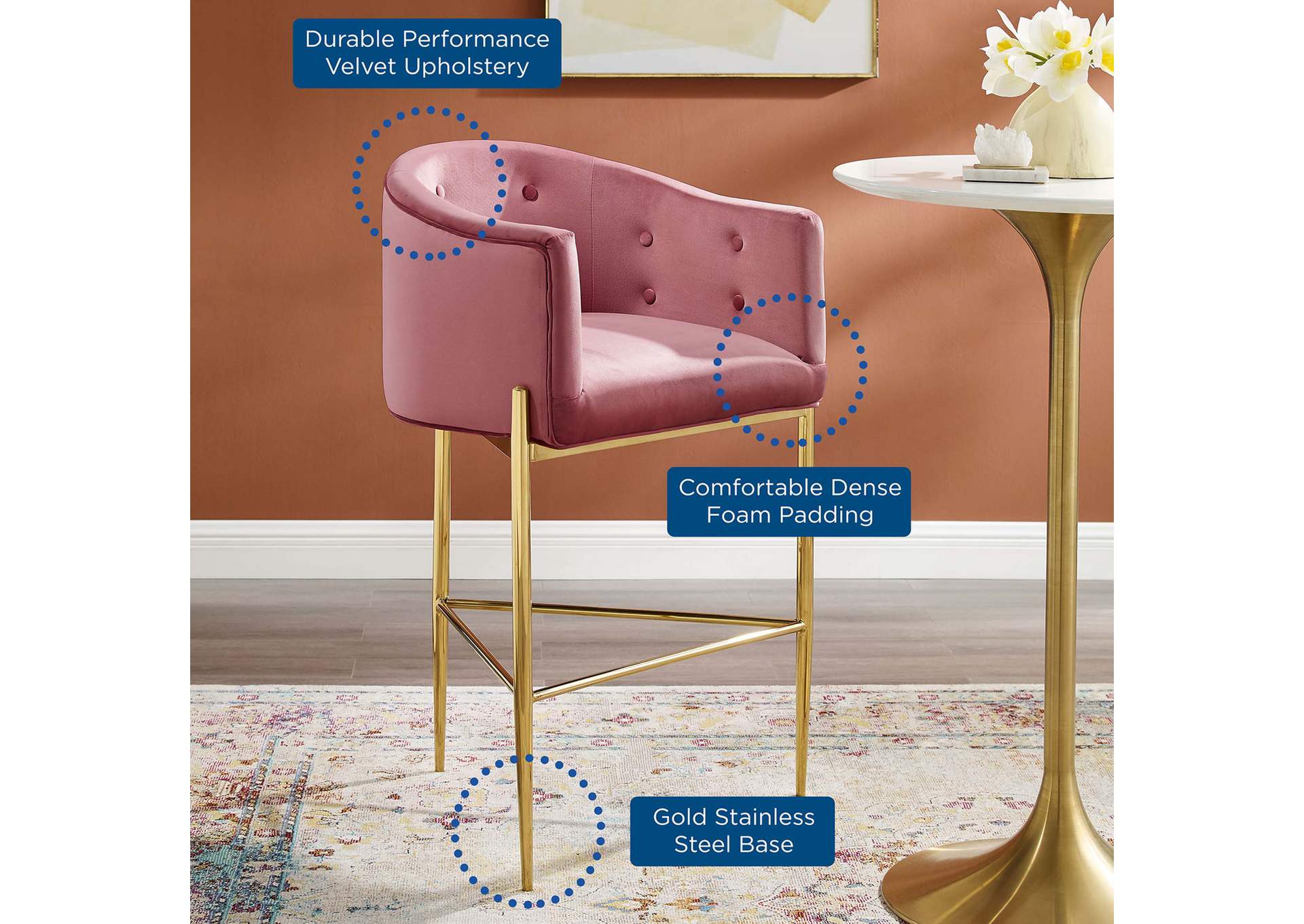 Dusty Rose Savour Tufted Performance Velvet Bar Stool,Modway