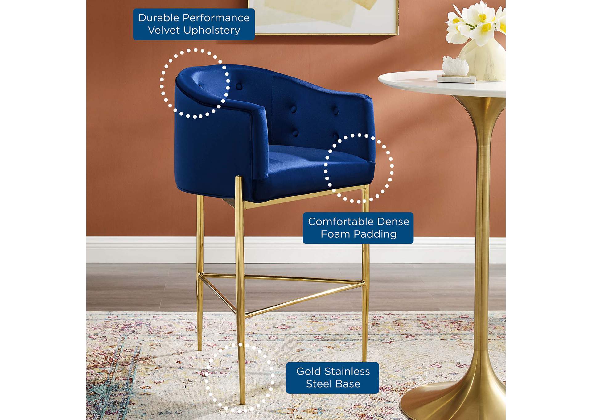 Navy Savour Tufted Performance Velvet Bar Stool,Modway