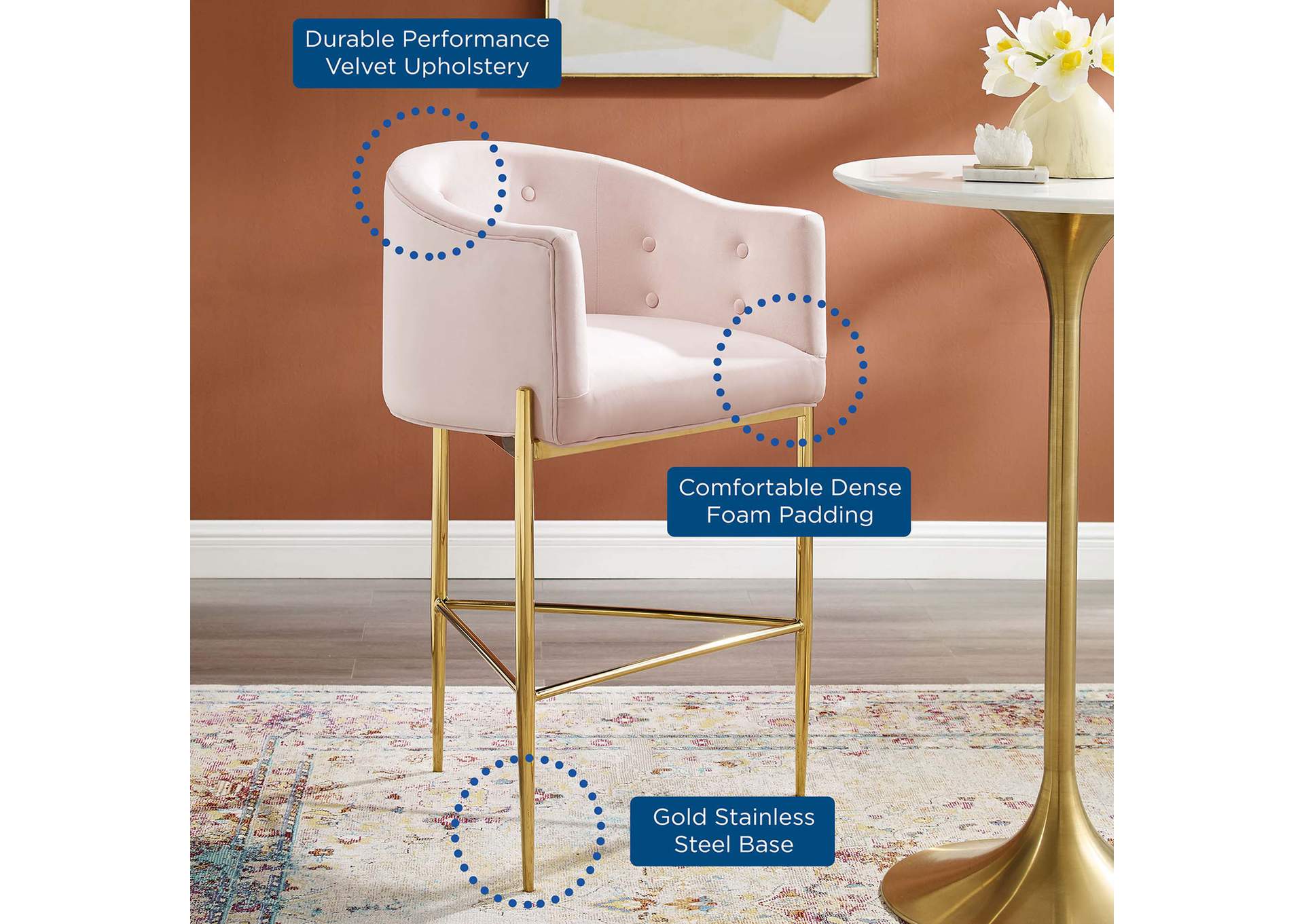 Pink Savour Tufted Performance Velvet Bar Stool,Modway