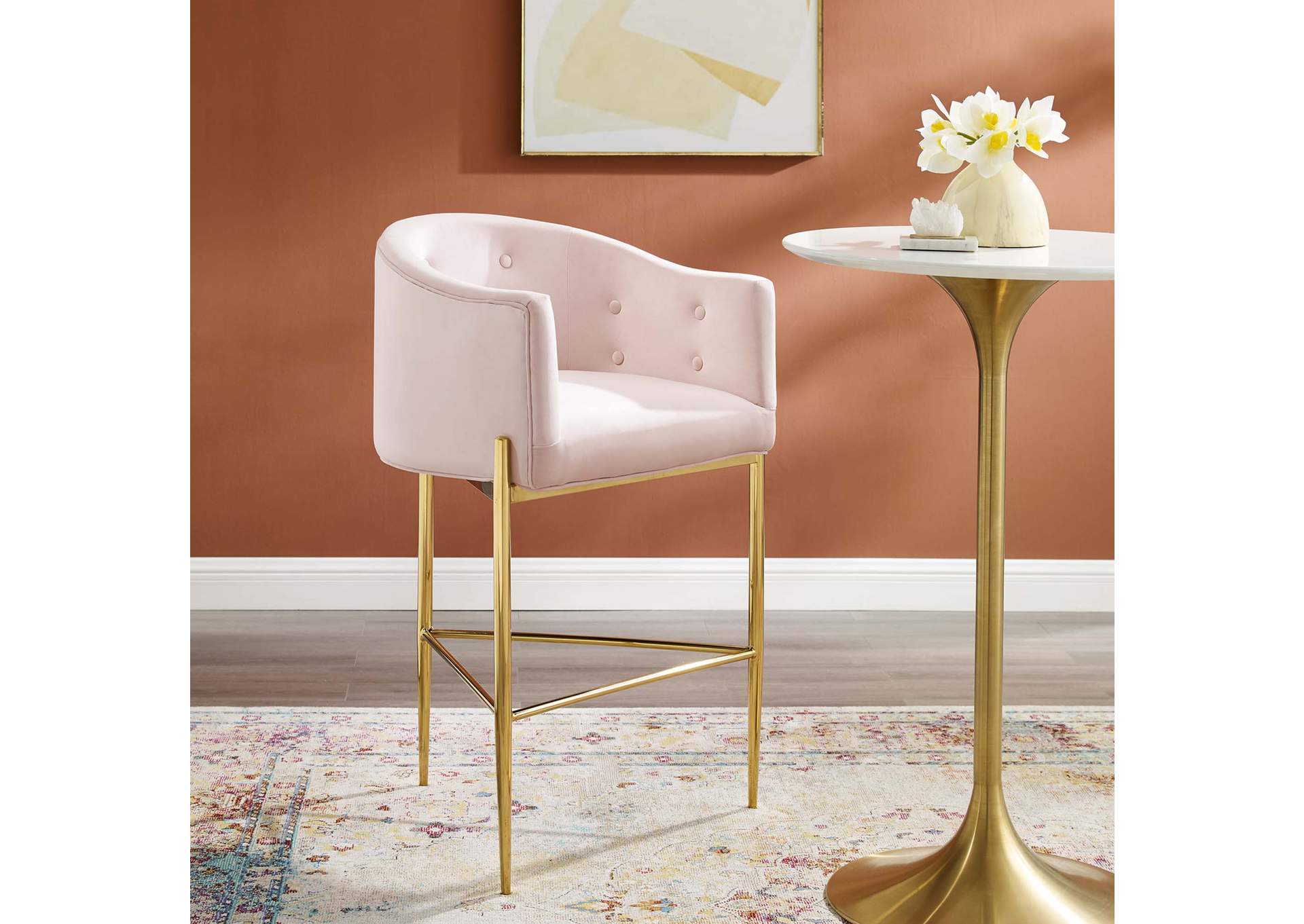 Pink Savour Tufted Performance Velvet Bar Stool,Modway