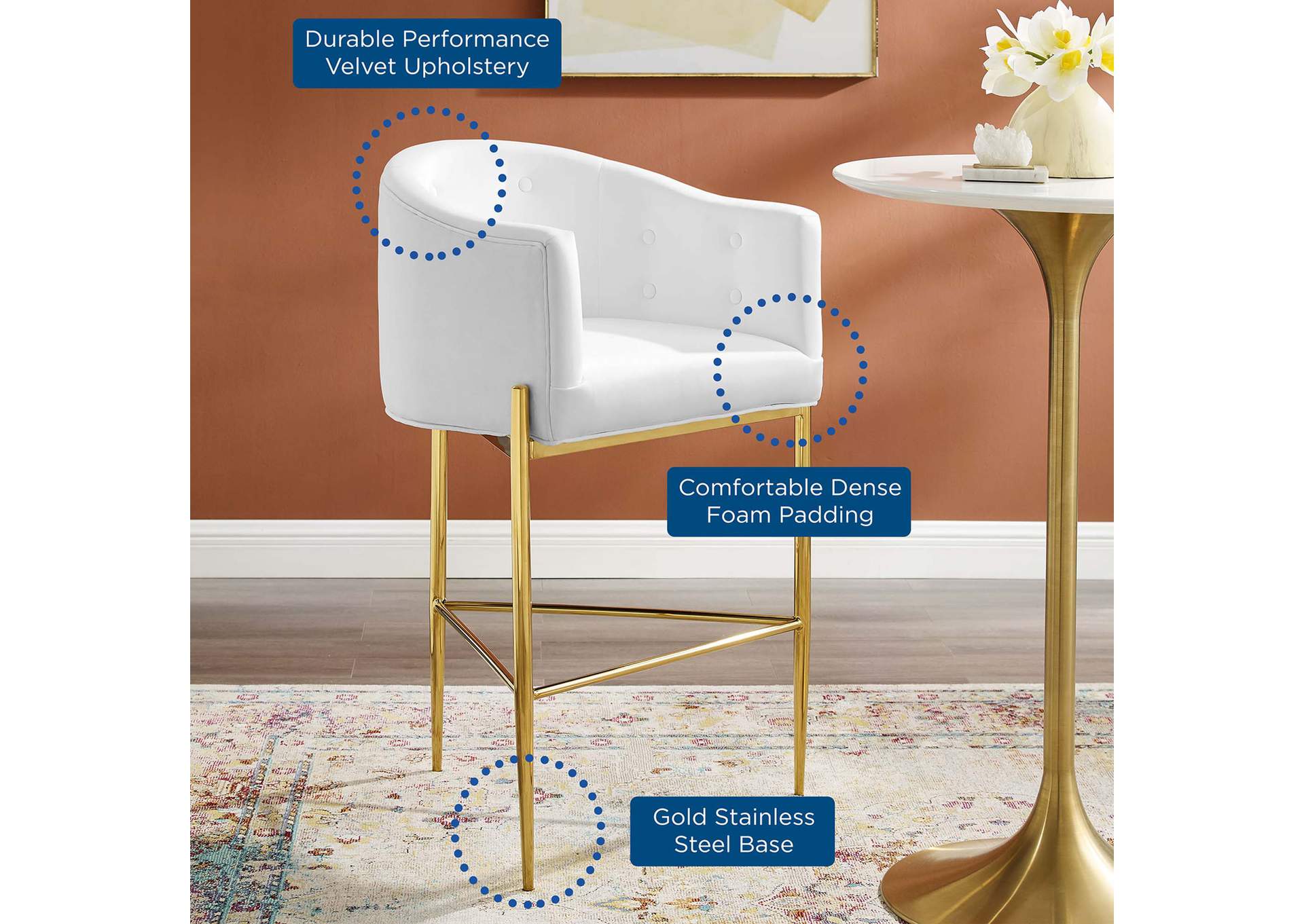 White Savour Tufted Performance Velvet Bar Stool,Modway