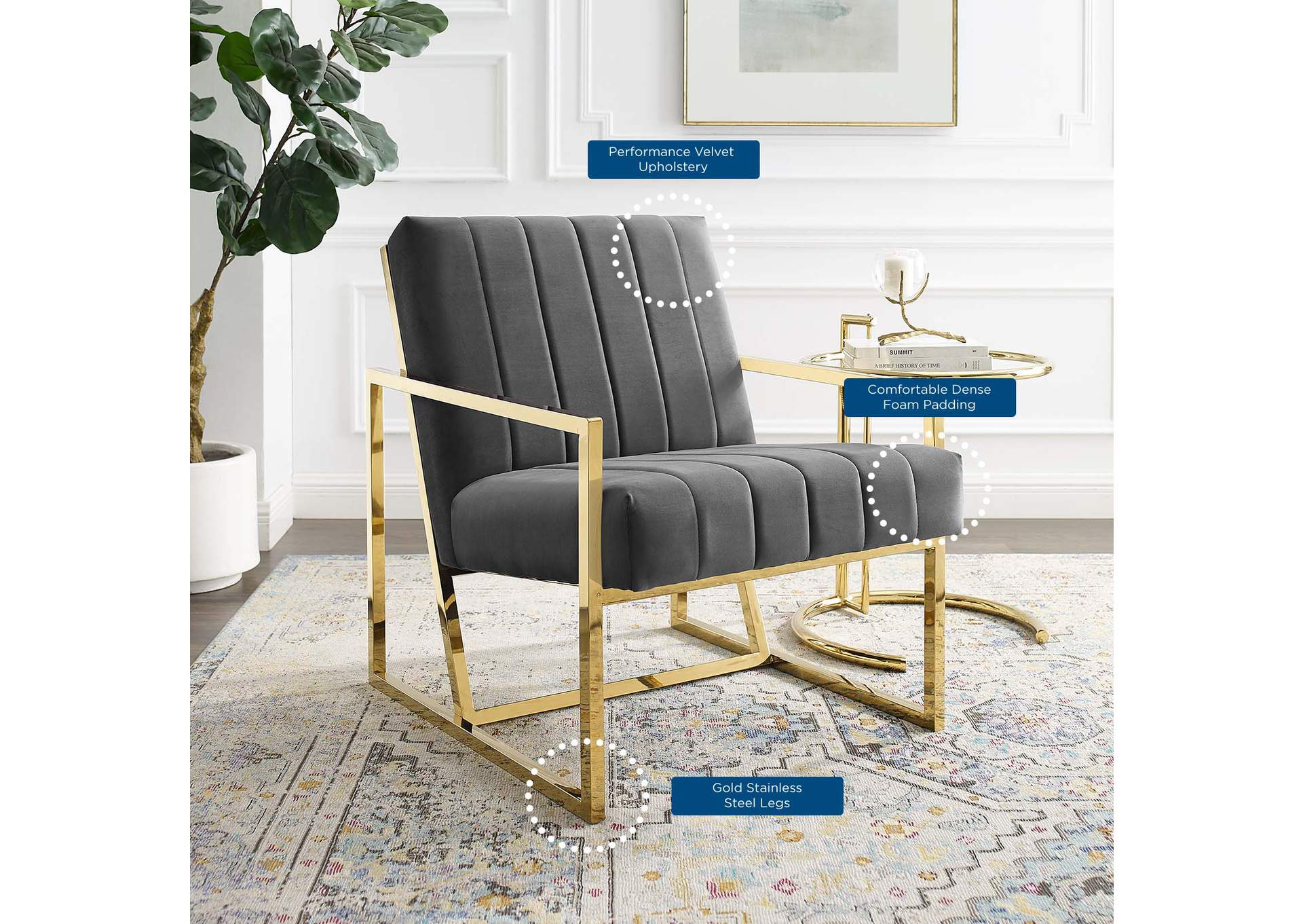 Charcoal Inspire Channel Tufted Performance Velvet Arm Chair,Modway