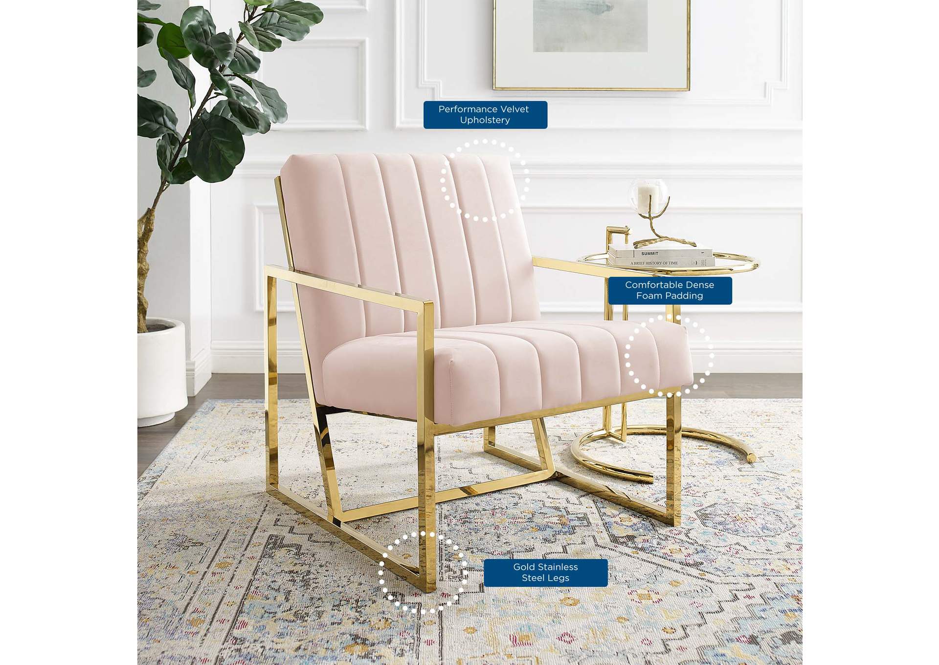 Pink Inspire Channel Tufted Performance Velvet Arm Chair,Modway