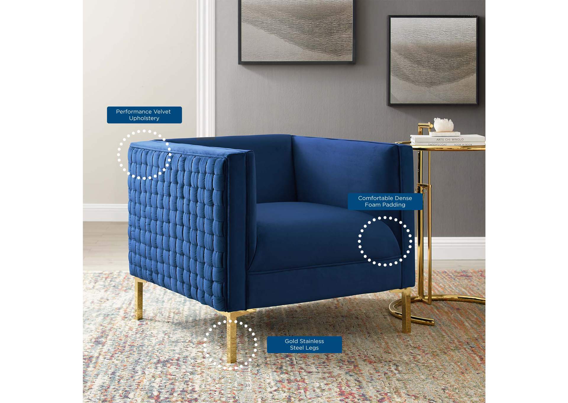 Navy Resonate Performance Velvet Arm Chair,Modway