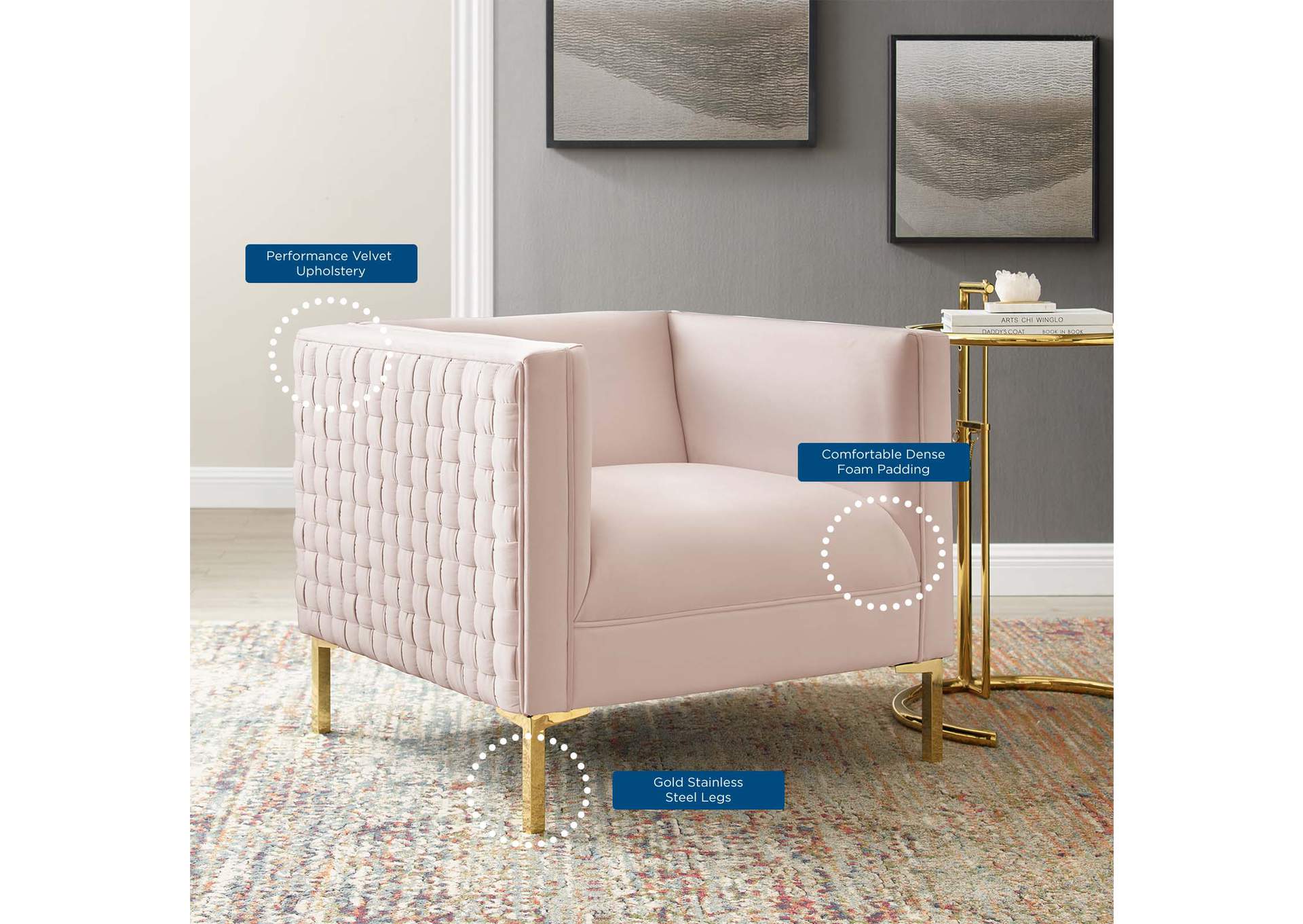 Pink Resonate Performance Velvet Arm Chair,Modway