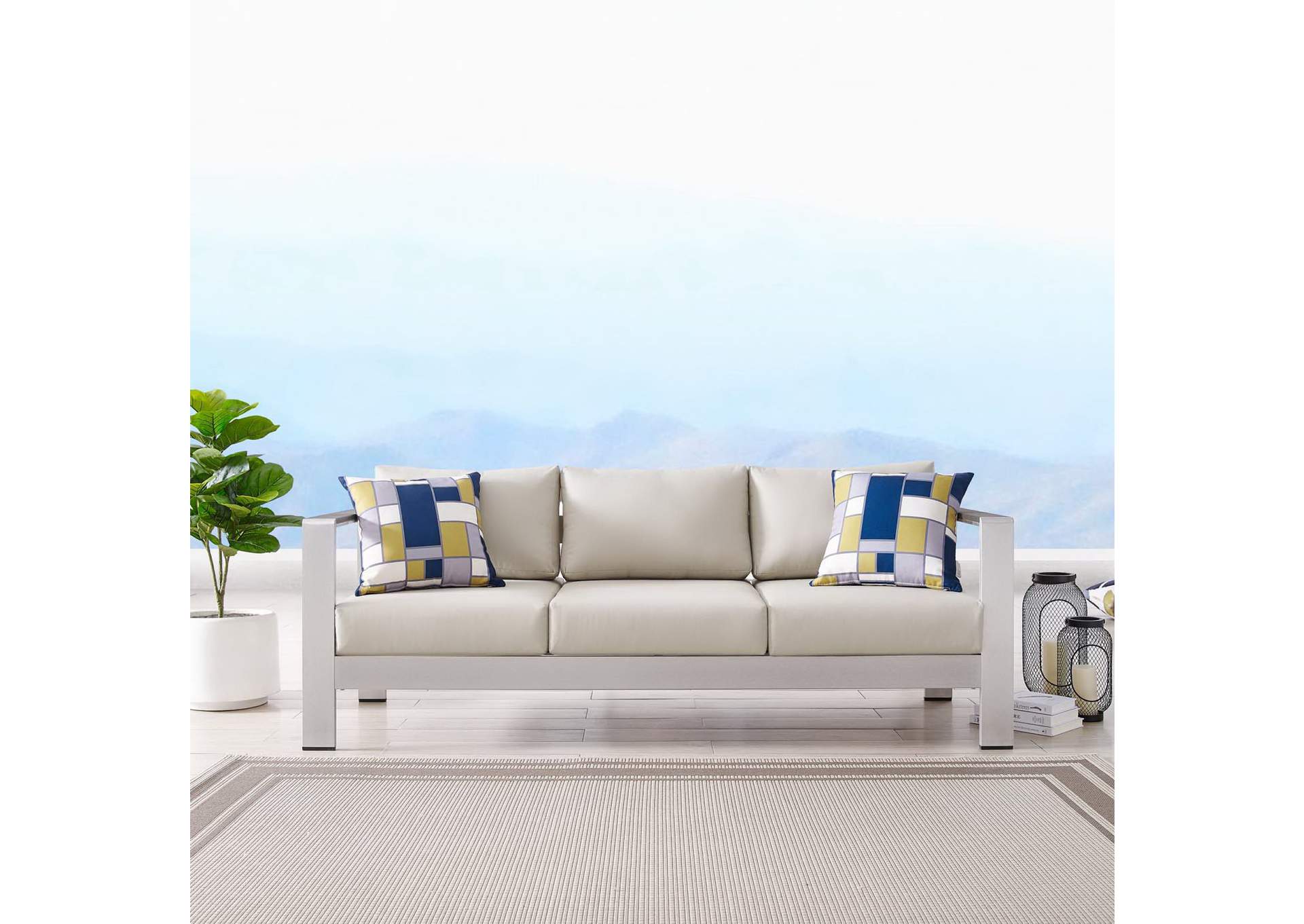 Silver Beige Shore Outdoor Patio Aluminum Sofa,Modway