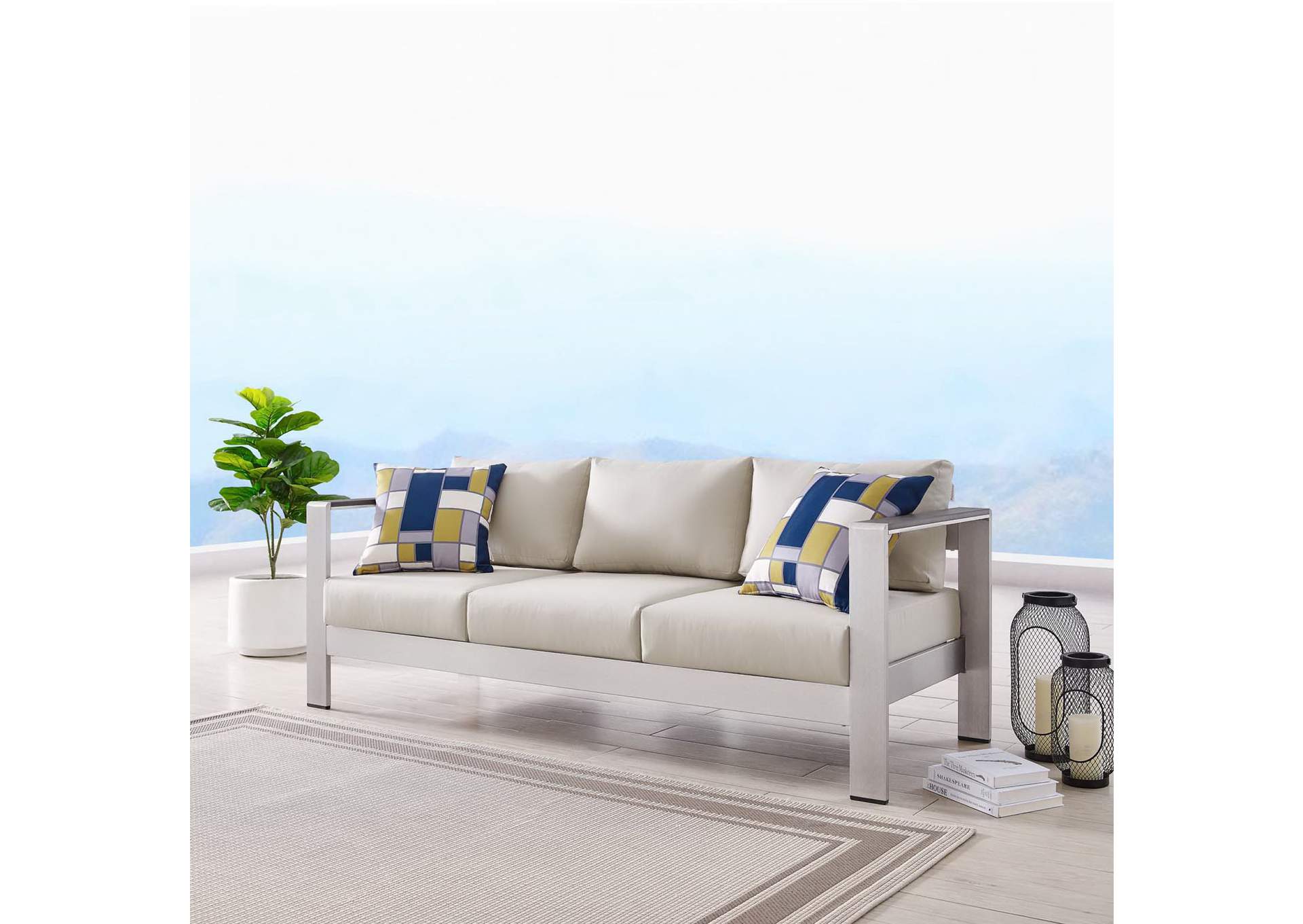 Silver Beige Shore Outdoor Patio Aluminum Sofa,Modway