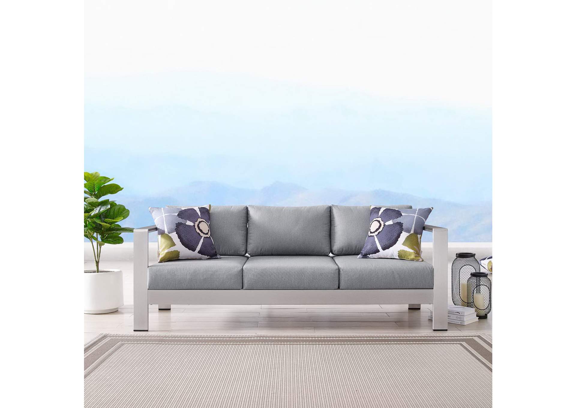 Silver Gray Shore Outdoor Patio Aluminum Sofa,Modway