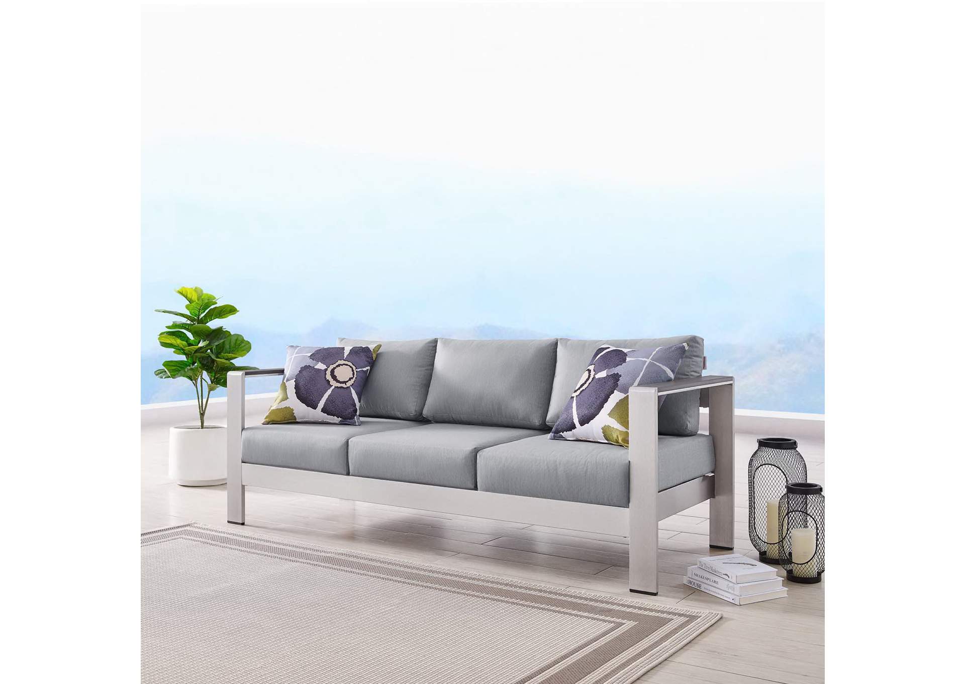 Silver Gray Shore Outdoor Patio Aluminum Sofa,Modway