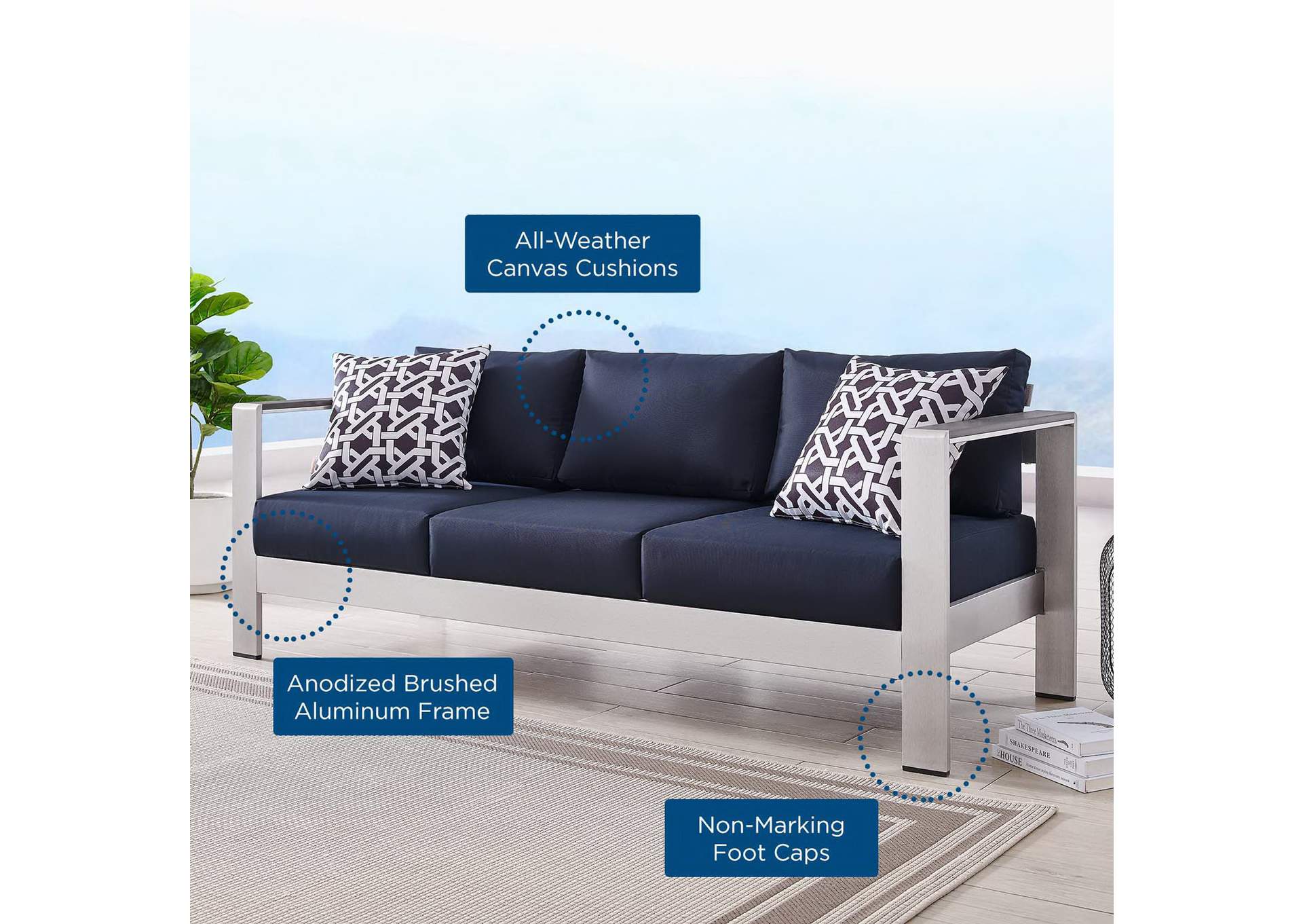 Silver Navy Shore Outdoor Patio Aluminum Sofa,Modway