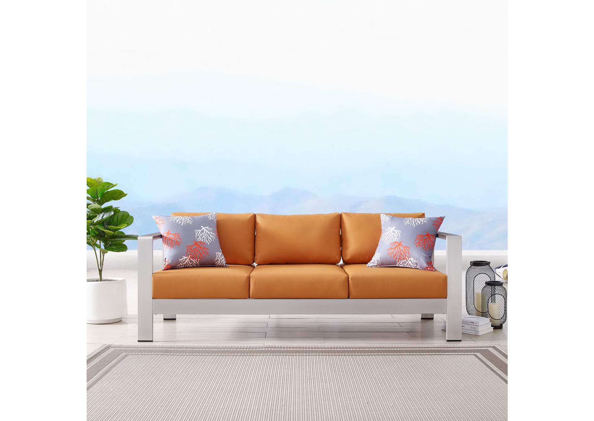 Silver Orange Shore Outdoor Patio Aluminum Sofa,Modway